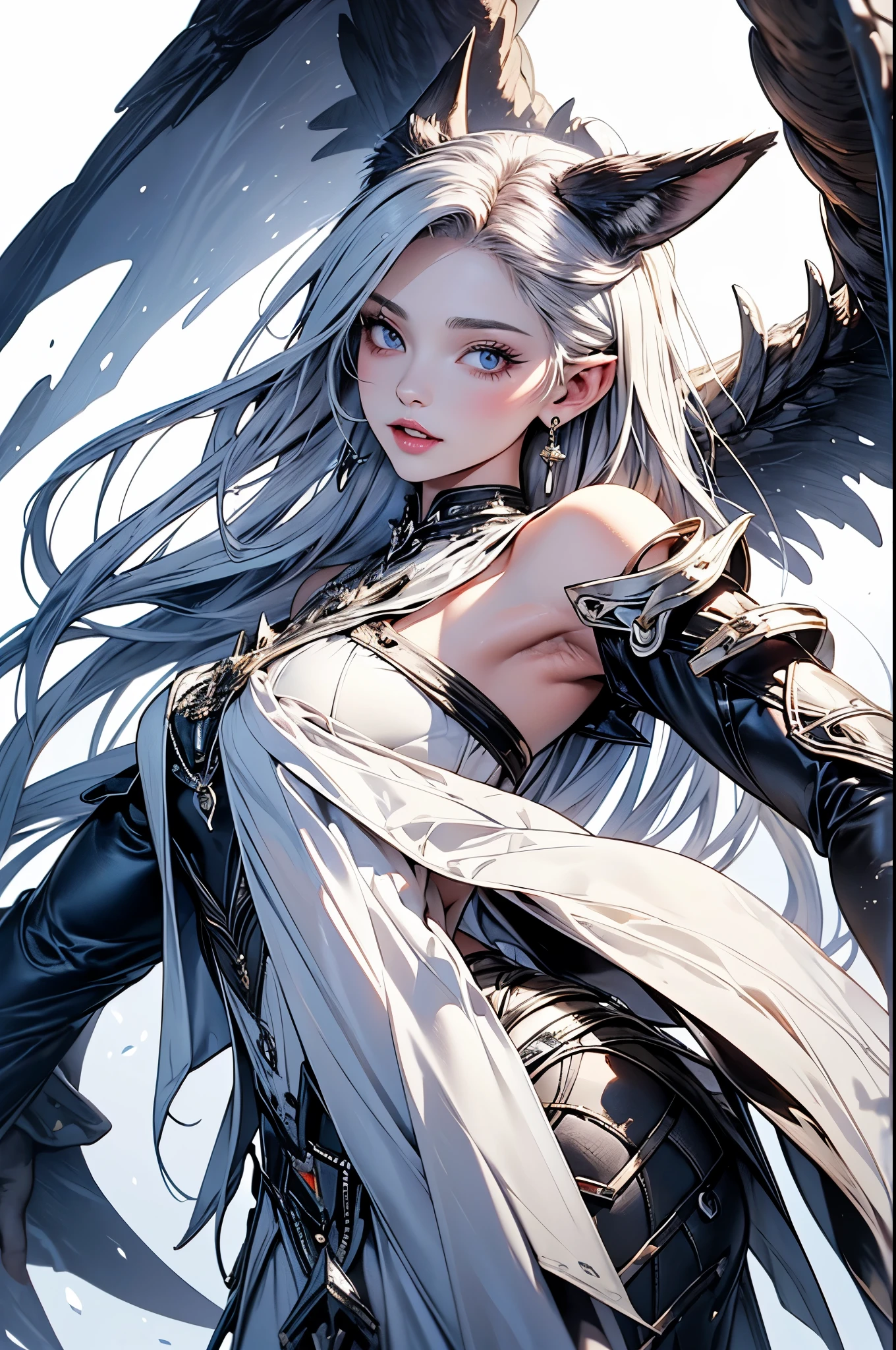 ((masterpiece, Highest quality)),Ultra-high resolution, (realism: 1.4),Best illustrations,Line art,Very condensed adult female,Delicate and beautiful features,Slit eyes,Sharp face,Very detailed white coat,Silver Hair,Wolf ears,Big tail,Fantasy,Roaring against the backdrop of the full moon and wilderness,Roaring Woman,Double teeth,wide aperture,Unreal 5,Scattered beneath the surface,Anatomically correct,Low angle shot