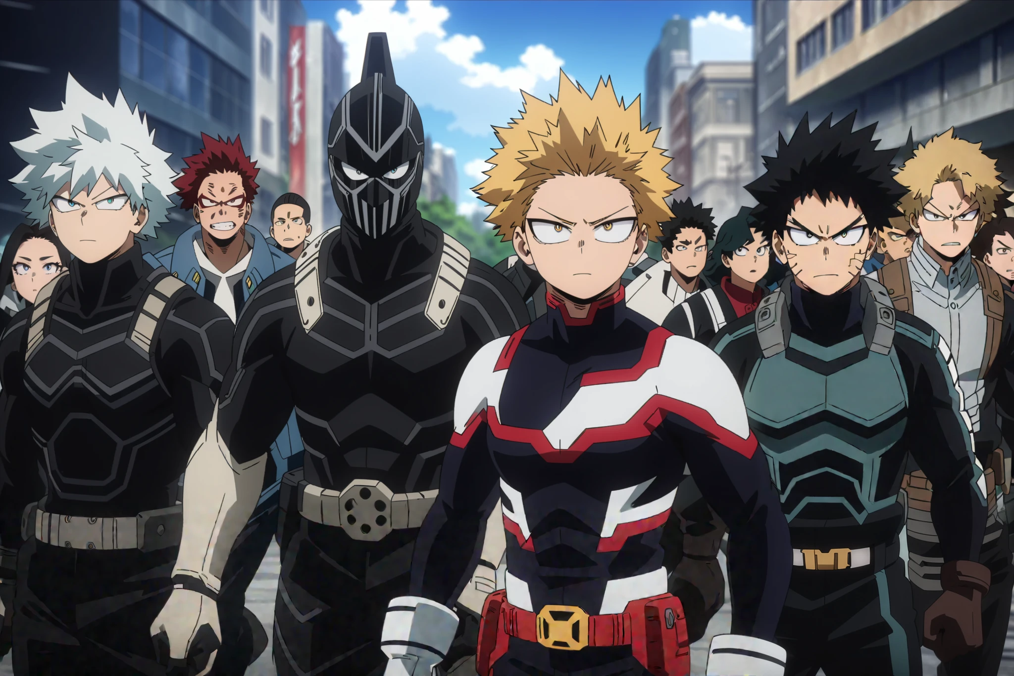 (masterpiece, best quality, (anime, anime coloring:1.3). A bunch of superheroes from various nations running towards action to fight together the terrorist villains. Determined and confident expressions. Various suits designs. Colorfull, superhigh res, high detailed characters. Fix blur.
Big city avenue background, Daytime, detailed anime lighting, colorfull.
My Hero Academia character, MHA style, anime style, my hero academia, boku no hero academia, animated. Anime, Best Quality, Masterpiece, High Resolution, 4K, perfect body, perfect eyes, perfect eyes, Full Quality, colorfull, Looking at viewer, Anime, Anime Style, High Resolution.