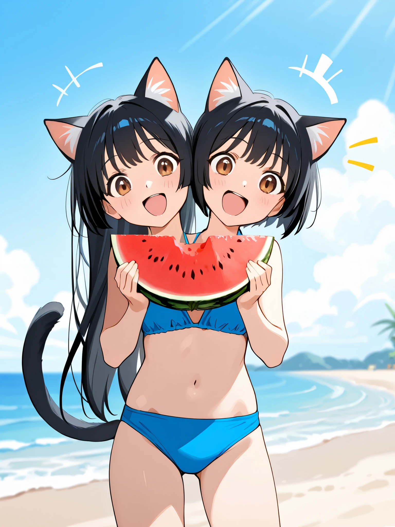 Skinny Fox Mama , Round face , (Tilt your face:1.1) , (Half-open wink:1.2) , Moist, round eyes , Swollen cheeks , Dark Hair , motherly smile , Glossy Lips , (naked:1.2) , (Sloppy swimsuits, faded body paint) , soluble paint , nature , Sunny seaside , With the surprised beastmen