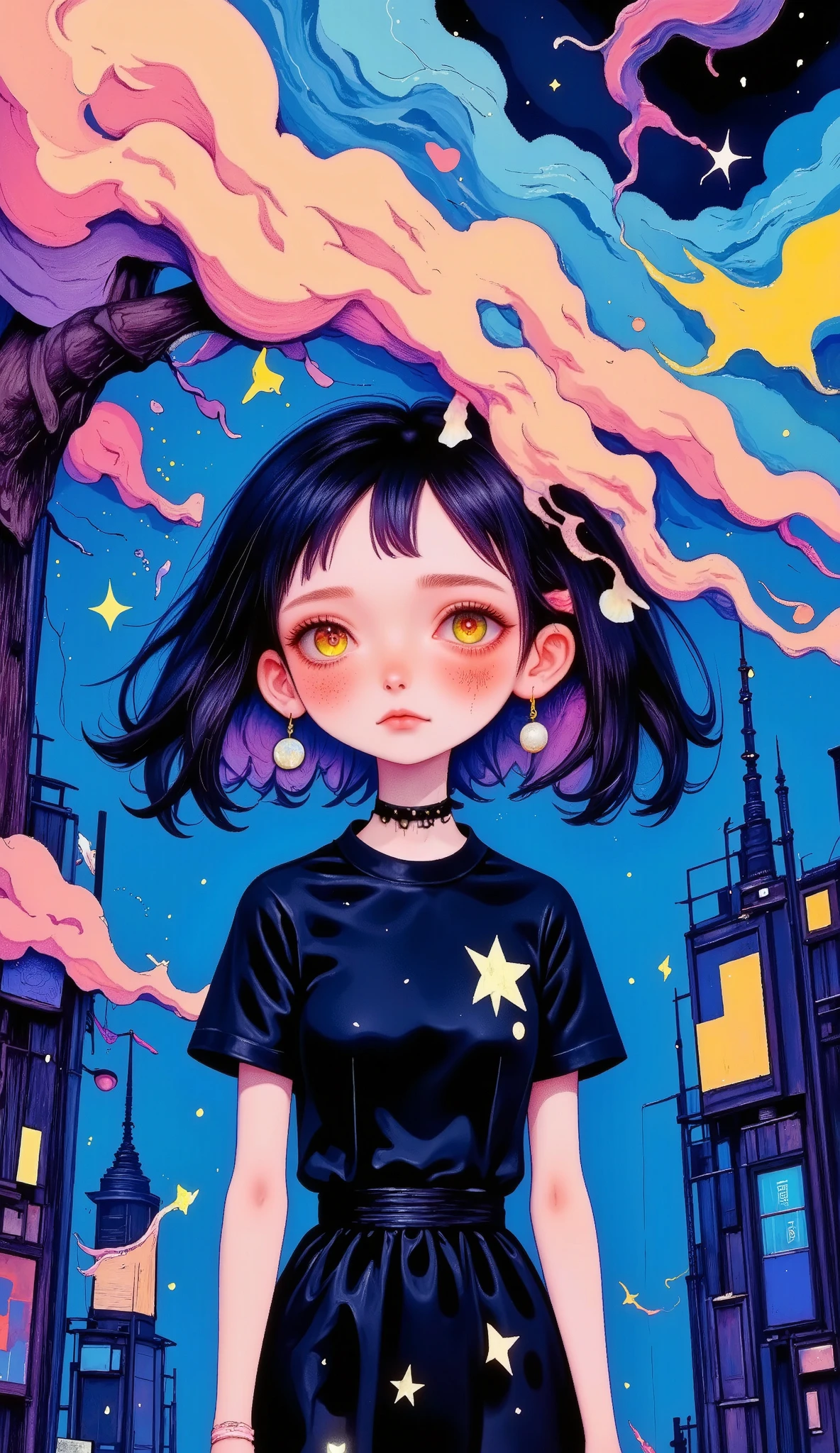 Abstract face in a city landscape,  A Photorealistic Painting by Mark English , [:Anime line of art :0.2],  heavenly theme and heat and thunder and water theme,  with solar   ,  Self-destructive art , , Abstract