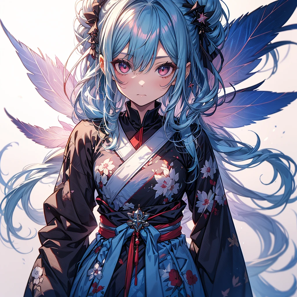 Absurdres,best quality,insanely detailed,1 cute lovely girl,cute smile,peace,short drilled twin tail,aqua hair,pink eyes,(round glasses:1.2),(Japanese clothes,kimono :1.2),thighs ,striped over-knee high,cleavage,(off shoulders :1.2),syringe, medical record,in hospital,(from below:1.2),sparkly eyes,beautiful and detailed eyes,gleaming pale skin,cute pose,professional lighting,cinematic angel,brilliant theme,hyper realistic, perfect anatomy, perfect 5 fingers