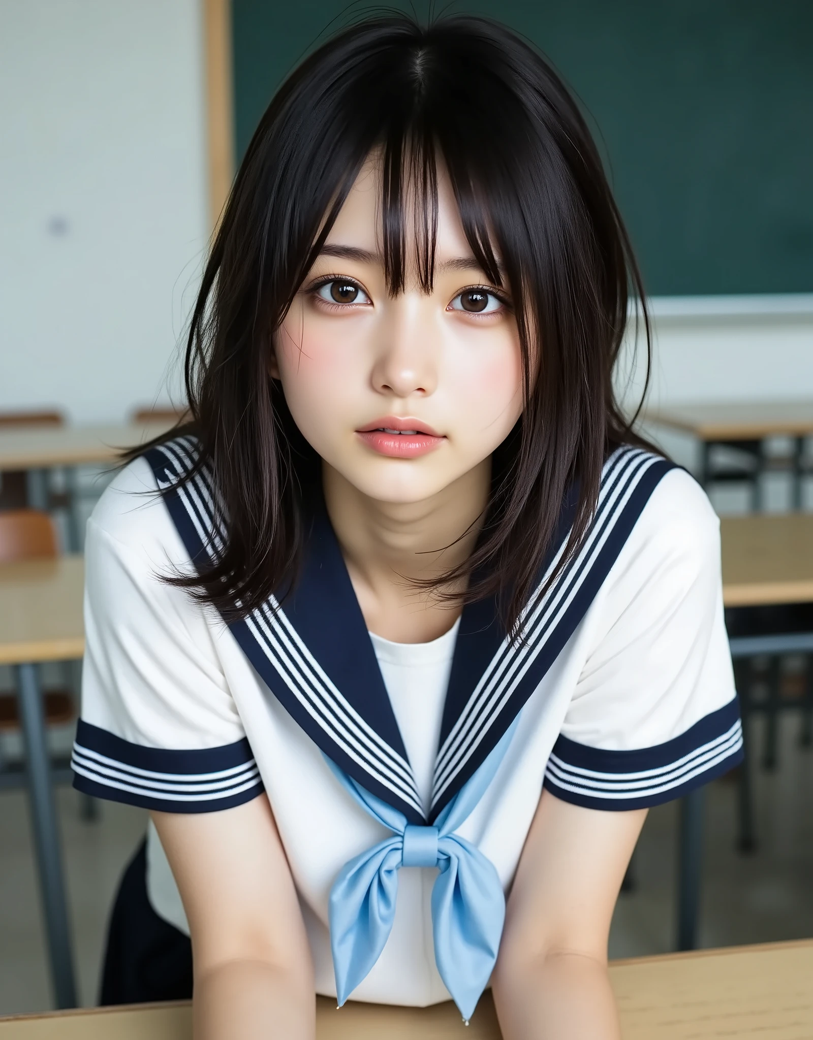 (Canon), (EOS R5), (50mm), ((( Photorealistic:1.5))), (No lens flare :1.5), ((超 high resolution)), (masterpiece), accurate,( realisticな質感の肌), more details, high detail, High Quality , Award-winning work , 最 High Quality , 32K, written depth, digital camera, Award-winning glamour photo , professional lighting, (SFW), ((最 High Quality :1.5)), ((masterpiece:1.5)), (( realistic)), high resolution, realisticな影, Roughness, Real Life,( a very beautiful and cute Japanese woman), ( The cuteness of Japan's top idol ), ((Upper body shot seen obliquely from the front :1.5)), (( upper body shot from head to knee :1.5)), (( cute 18-year-old Japanese high school girl )), (( high school classroom , desk, chair, blackboard, and window visible )), (((襟が紺色で3本白色ラインがある半袖白色夏服セーラー服と dark blue flare skirt を着て椅子に座っている:1.8))), (( a white short-sleeved sailor uniform with a navy blue collar:1.5)), (( dark blue flare skirt :1.5)), ((Light blue scarf for sailor suit :1.5)), (( no accessories:1.5)), (( a very cute high school girl with a young look)), Attractive cuteness , seductive pose , Height: 160cm, slim figure, Beautifully shaped bust, D Cup, ((少し歯が見える very cute smile:1.5)), (Alone:1.5), (There is only one person in the classroom), ( brown eyes:1.9), ( Detailed depiction of extremely realistic skin ), (Highly detailed, realistic eyes:1.9), (Very beautiful, long, realistic eyelashes), (Highly detailed, realistic eyebrows), (丸い brown eyes :1.8), ( beautiful catchlight on the eyes), (Realistic lips with moisture ), ( white realistic teeth arranged neatly), ( Beautiful and Detailed Face :1.6), ( hourglass figure :1.6), (Wasp waist :1.5), ( Perfectly round and beautifully shaped bust :1.8), ( clearly contoured cheekbones :1.5), ( perfect style body :1.8), (Healthy body :1.8), (Narrow shoulders:1.9), ( holding hands with mom staring at viewers), ( seductive gaze ), (Beautiful, natural-looking hands), ( beautiful pink nails of a perfect length), ( show your hands as little as possible ), ( very cute smile:1.1), ( her stomach and navel may be slightly visible:1.4), ( black hairミディアムヘアー :1.3), black hair,Natural atmosphere, Very cute type, Beautiful Thighs, (( evening classroom )), (( with a pencil case and notebook on the desk)), (( show your hands as little as possible )), ((I can't show my feet)), blur background, Illuminate the face, dynamic pose with arms behind head, beautiful body line , Beautiful, realistic skin , Art Photography, beautiful soft lighting , accurate手の形, accurate指の形, accurate指の数,5 fingers on one hand