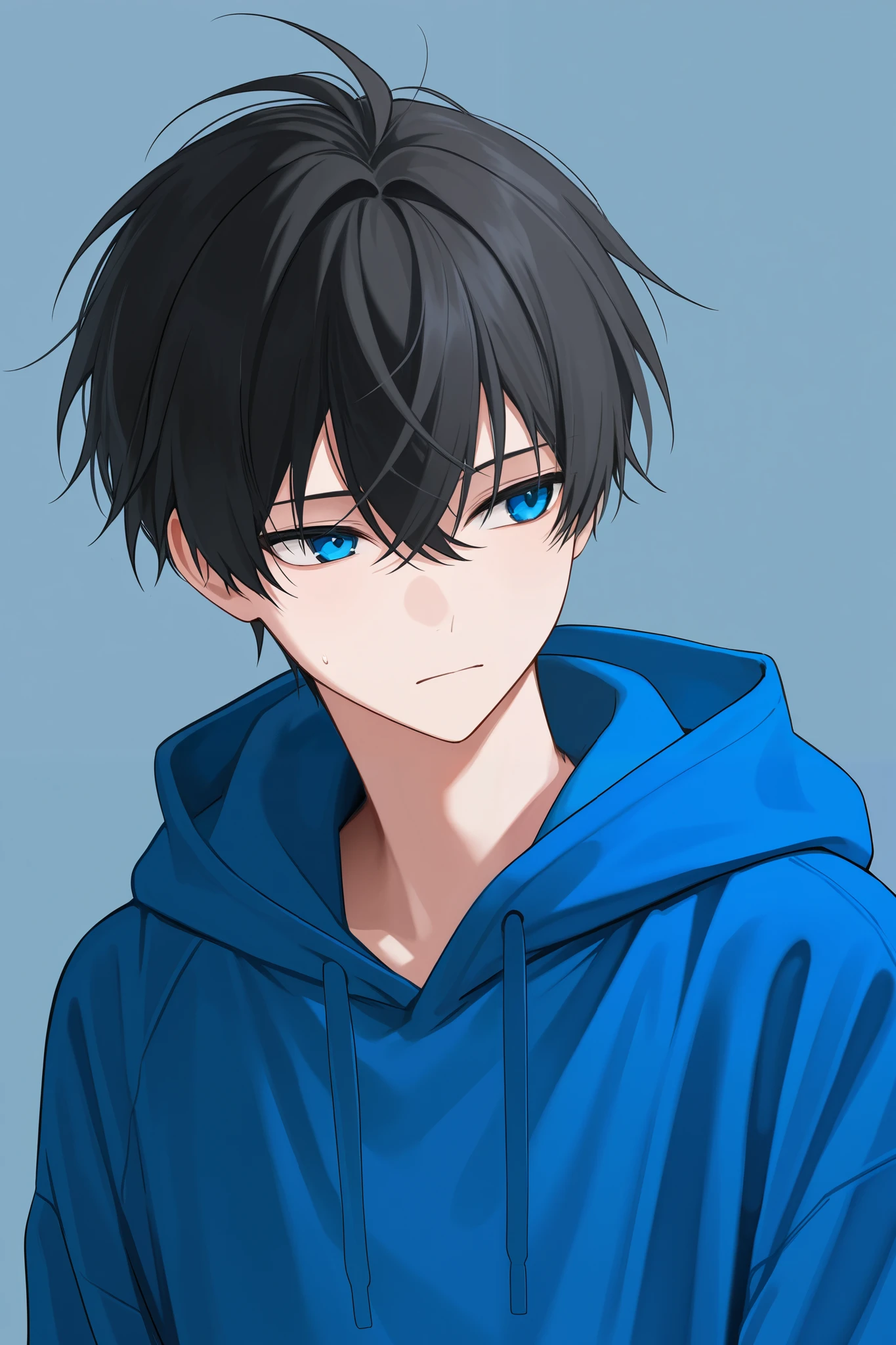Anime boy with short black hair and Blue eyes. Blue hoodie. No background.
