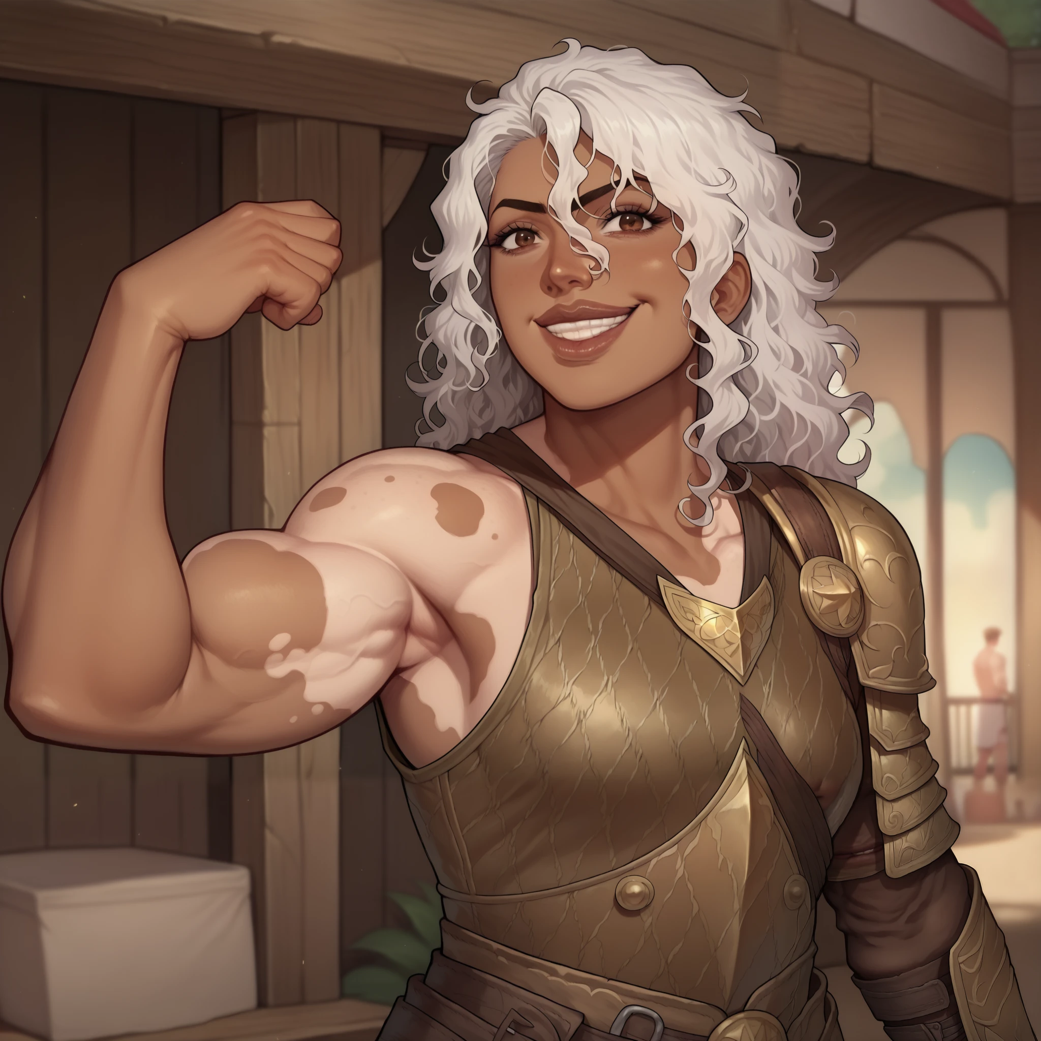 (((beautiful, high quality, comics style, detailed face))), score_9, score_8_up, score_7_up, BREAK, solo:1.6, human, 34yo woman, brown eye, (((tall, muscular, muscle))), ((wide shoulder)), (square face, high cheekbones, strong jaw line, thick lips), ((flat nose)), (dark skin, dark-skinned), ((vitiligo, skin discoloration, skin spots, pale spots)), ((white hair, messy wavy hair)), (crazy smile, teeth), wears brown leather armor, upper body, fighting stance, looking at viewer, outdoor, fantasy, beach background, blurred background, DeepNegative_xl_v1, detailxl, zPDXL3