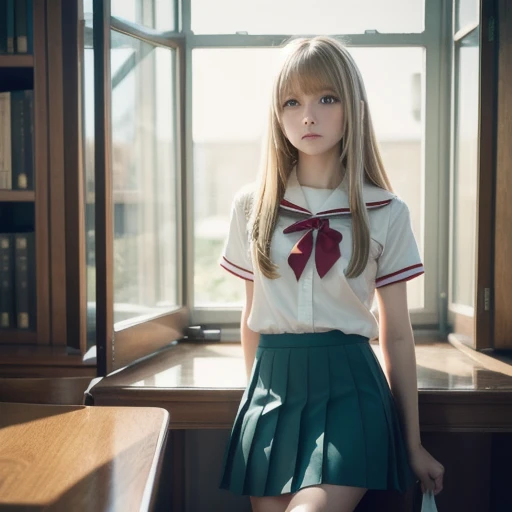 ((masterpiece,best quality, high resolution)), 1 Girl, Solitary, Green Eyes, Long blond hair tied with a blue ribbon, Bangs, sit, Cross your arms on the table, Sleeping with arms folded, Uniforms, White Seraph, Red sailor collar, Short sleeve, White pleated skirt, (In the library), Dramatic lighting, Next to the window, afternoon light through the window, afternoon, Bokeh effect