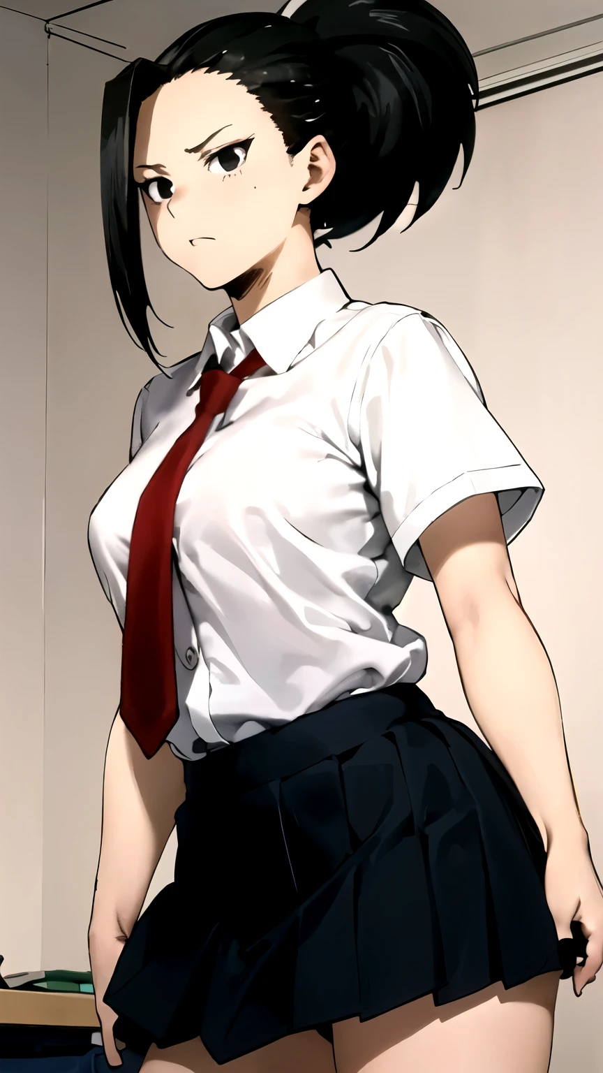 ((masterpiece,best quality)), {DATE_artstyle_LoRA : Manga_Style} {horror_edit : creepy_room_aura} {partially_monochrome} { (yaoyorozu momo, (momo yaoyorozu:1.2), long hair, bangs, black hair, ponytail, (black eyes:1.5), high ponytail, wide ponytail, , perfectly_shape_breast : perfectly_fit_body  : } { skirt, shirt, school uniform, white shirt, short sleeves, pleated skirt, necktie, collared shirt, red necktie, green skirt, u.a. school uniform}}  {   } {standing_still : discipline } { no_emotion : hypnotic_eyes : hypnotized_eyes } { sweating  } { } : dark : creepy otaku room : messy  }