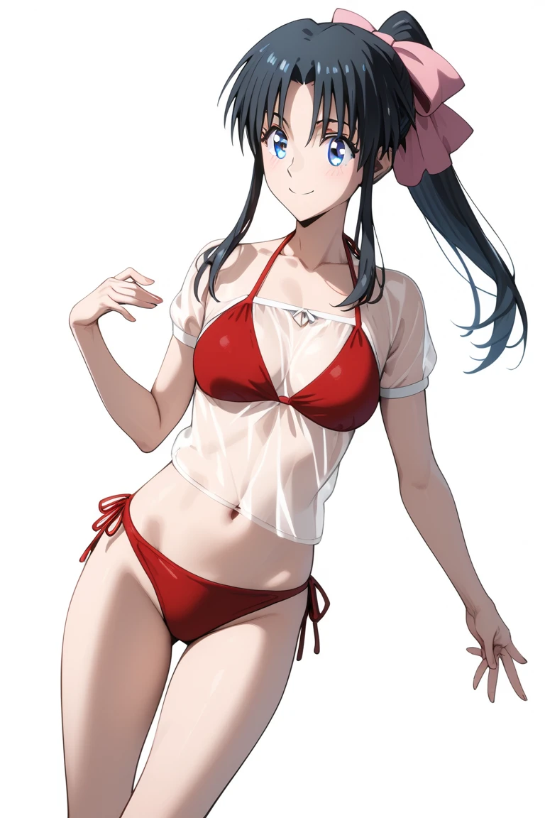 mondaijiasuka, competition swimsuit, red hair bow, brown hair, long hair, bangs, braid, blue eyes, , full body, solo, 1girl, outdoors mondaiji-asuka-nai