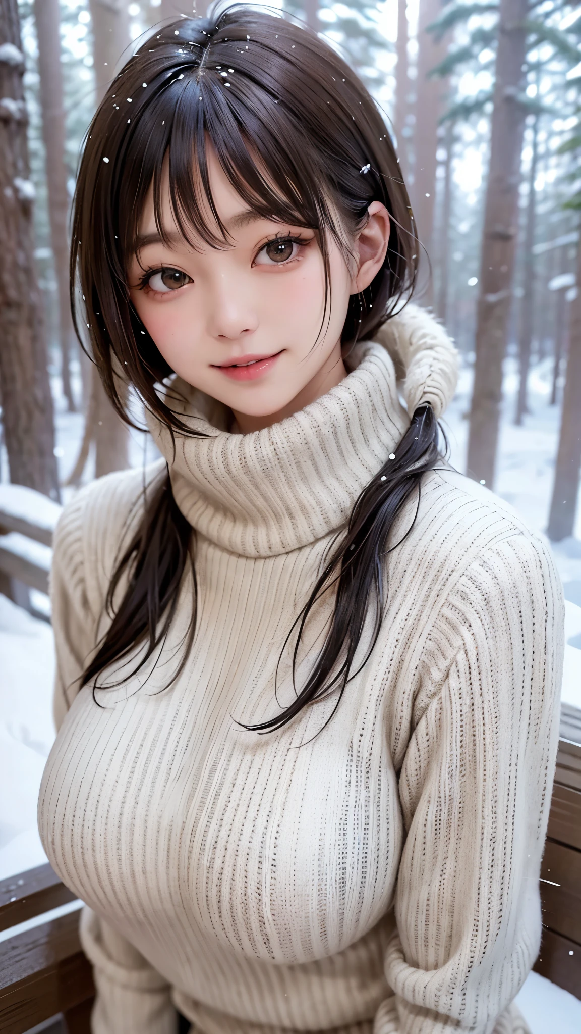 1 girl, (wear winter clothes:1.2), (immature, highest quality), (realistic, Photoreal:1.4), table top, very delicate and beautiful, very detailed, 2k wallpaper, wonderful, finely, very detailed CG Unity 8K 壁紙, Super detailed, High resolution, soft light, beautiful detailed girl, very detailed目と顔, beautifully detailed nose, beautiful and detailed eyes, cinematic lighting, winter scenery, perfect anatomy, slender body, firm chest, straight semi-long hair, bangs, looking at the viewer, slight smile