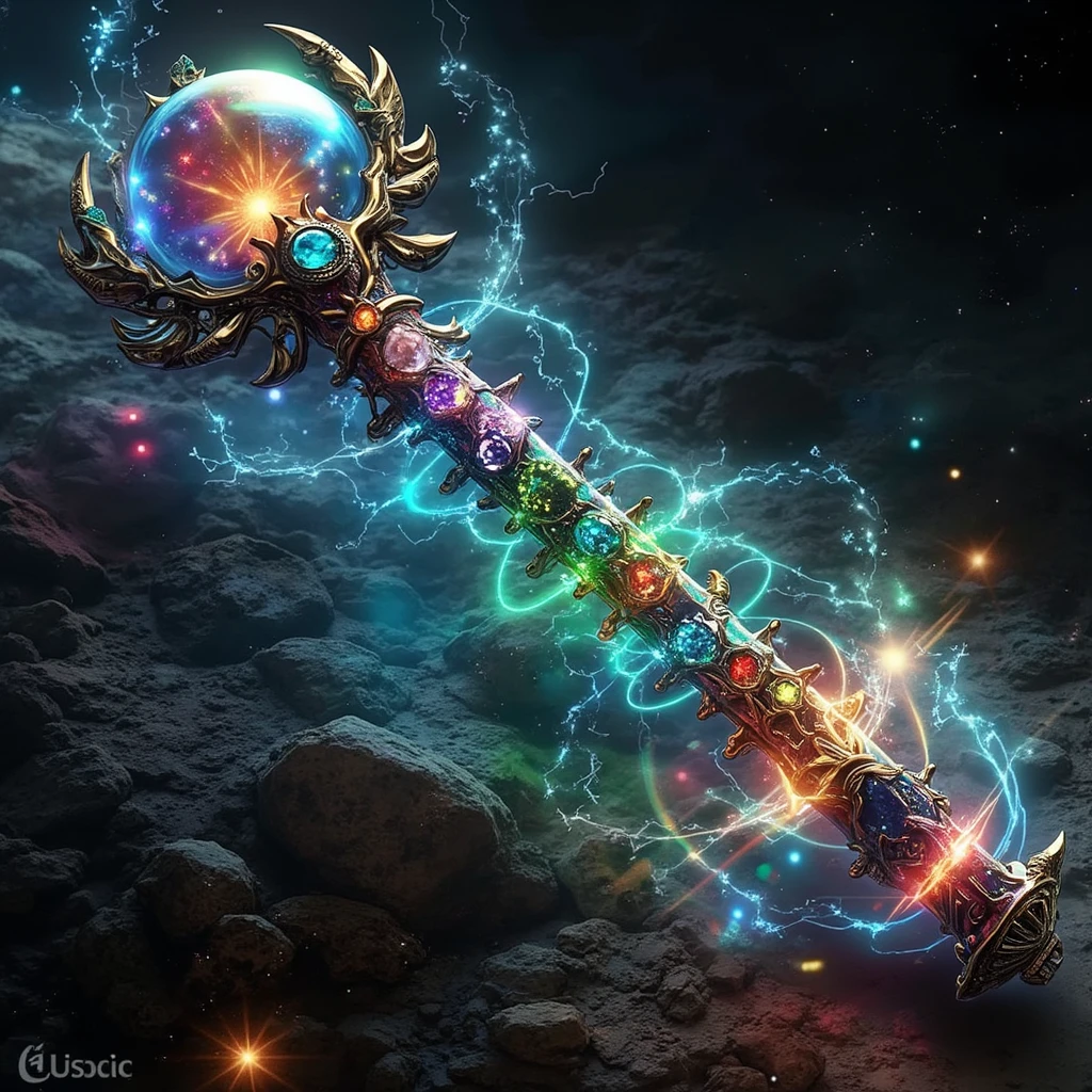 Masterpiece, High Quality, High Resolution, High Definition, 8k, (((Universe, Galaxy))), (((Superpowers))), (((Anime Style))), (((Futuristic Design))):
A Metal Staff with a Multicolored Crystal Sphere on the tip, emitting an aura of various colors (((RGB))), on the handle of the staff, there is a stud with Ten Spherical Gems, each with its own color and power: Red, Orange, Yellow, Green, Blue, White, Black, Gold, Silver, and Purple.