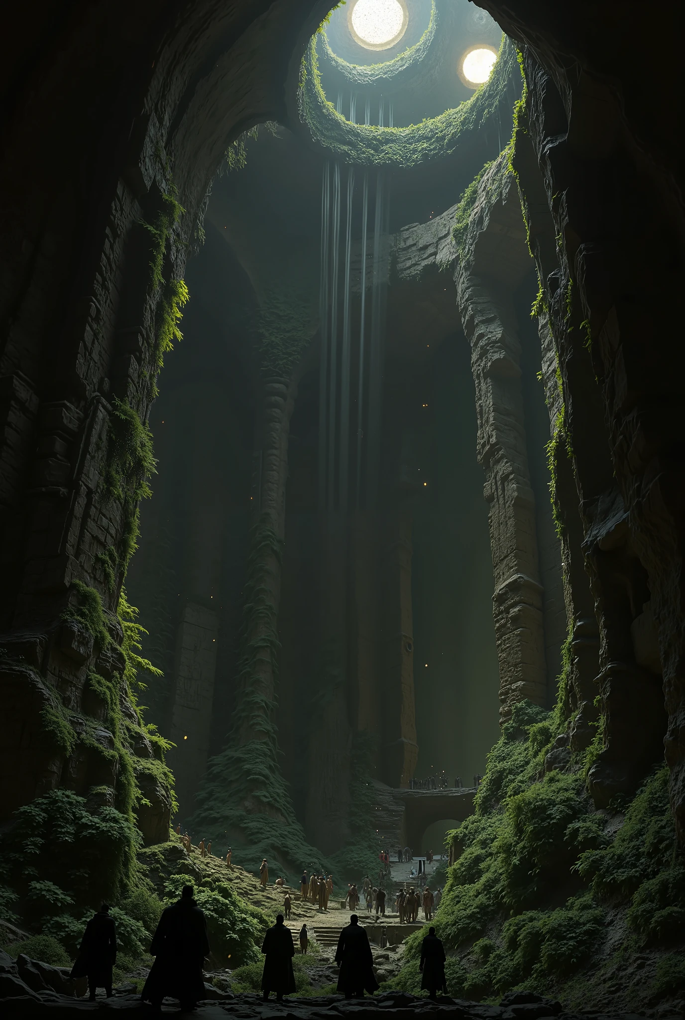 A breathtaking and surreal fantasy cave environment, filled with massive, towering arches and circular openings that allow beams of ethereal light to cascade into the cavern. The lush greenery clings to the stone walls and arches, illuminated by the dim, scattered light filtering through the openings above. The cave’s towering scale evokes both awe and unease, as the structure seems impossibly ancient and otherworldly.
The atmosphere is eerie and dramatic, with a haunting glow radiating through the air. Shadows dance across the stone surfaces, adding an unsettling dynamic to the scene. The humans in the foreground, dressed entirely in black, appear small and vulnerable compared to the immense environment around them. Their silhouettes stand out sharply against the soft greens and muted grays of the cavern, emphasizing their fragility in the vastness of the cave.
In the composition, the characters are scattered near the edge of a rocky incline covered in moss and ferns. Their cautious postures suggest they are exploring or perhaps searching for something. The background is a blend of ancient ruins and nature's reclamation, with fragments of forgotten architecture entwined with the greenery, suggesting the cave was once a sanctuary or a place of forbidden power.
The dim lighting adds an ominous tone, with the beams of light piercing through the openings above like spotlights in the darkness. Faint, glowing particles drift in the air, adding to the fantasy-horror mood. The light interacts with the environment in a soft, diffused manner, casting long shadows that add depth and mystery. The intricate details of moss-covered rocks, jagged stone edges, and sprawling roots create a layered and immersive scene.
The overall effect is a chilling blend of beauty and foreboding, with the otherworldly cave both mesmerizing and deeply unsettling.