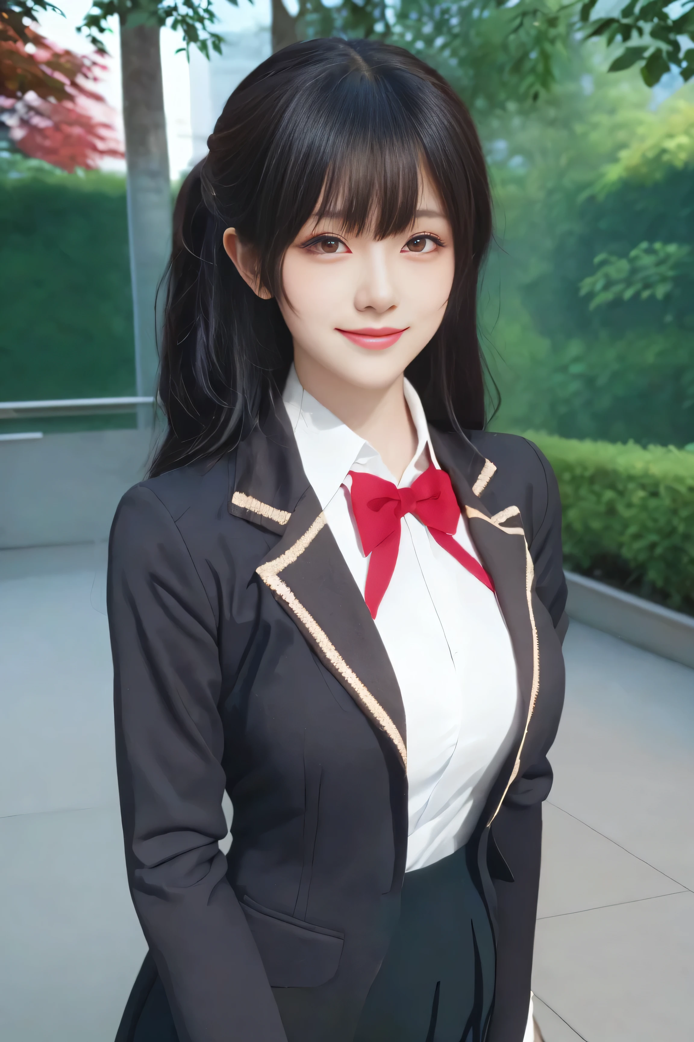  (best quality), (masterpiece), (Ultra-high resolution), (Clear face), （Reality： 1.4）, (perfect lighting),(photorealistic:1.30), anime wallpaper, Guviz style artwork , fantasy cover up to magic , by Yang J, Guviz, beautiful artwork illustration, beautiful digital artwork, beautiful digital illustration, Li Song, beautiful anime portrait, art style at Beauvot,illustration, ethereal and beautiful, highly detailed, CG, unity, 8k wallpaper, Amazing, fine detail, official art, highly detailed CG unity 8k wallpaper,absurd, extremely absurd, large file size, highly detailed , high resolution, very detailed,beautiful girl with details, very detailed eyes and face, beautiful detailed eyes,light on the face,cinematic lighting, 1girl, solo, looking at viewer, Yuki Sou(Roshidere), ( rambut hitam :1.3), rambut panjang, bangs,  mata hitam , Jalinan rambut , rok ,  kaos , lengan panjang, bow, ,  Jaket , white  kaos , pleated rok , collared  kaos , bowtie, black rok ,  busur merah ,  busur merah tie,  blazer , (grey  blazer :1.3), lengan panjang, tampilan tubuh bagian atas, senyum ,kepang , (standing:1.3), (upper body:1.3), smile, outdoor, garden backround