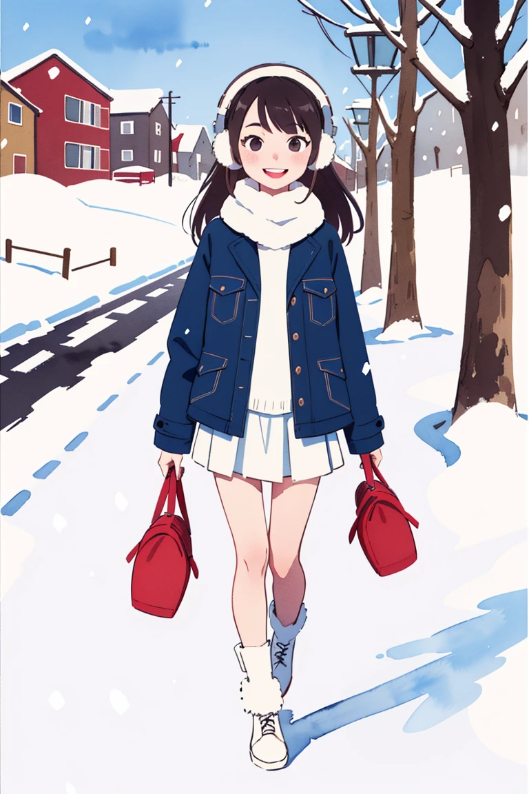 (masterpiece:1.2, best quality), 1girl, , slim, white down jacket, (bottomless), no panties, (pussie, hairy pubes:1.3), long hair, smile, walk the street, winter, snow, white, bright, watercolor