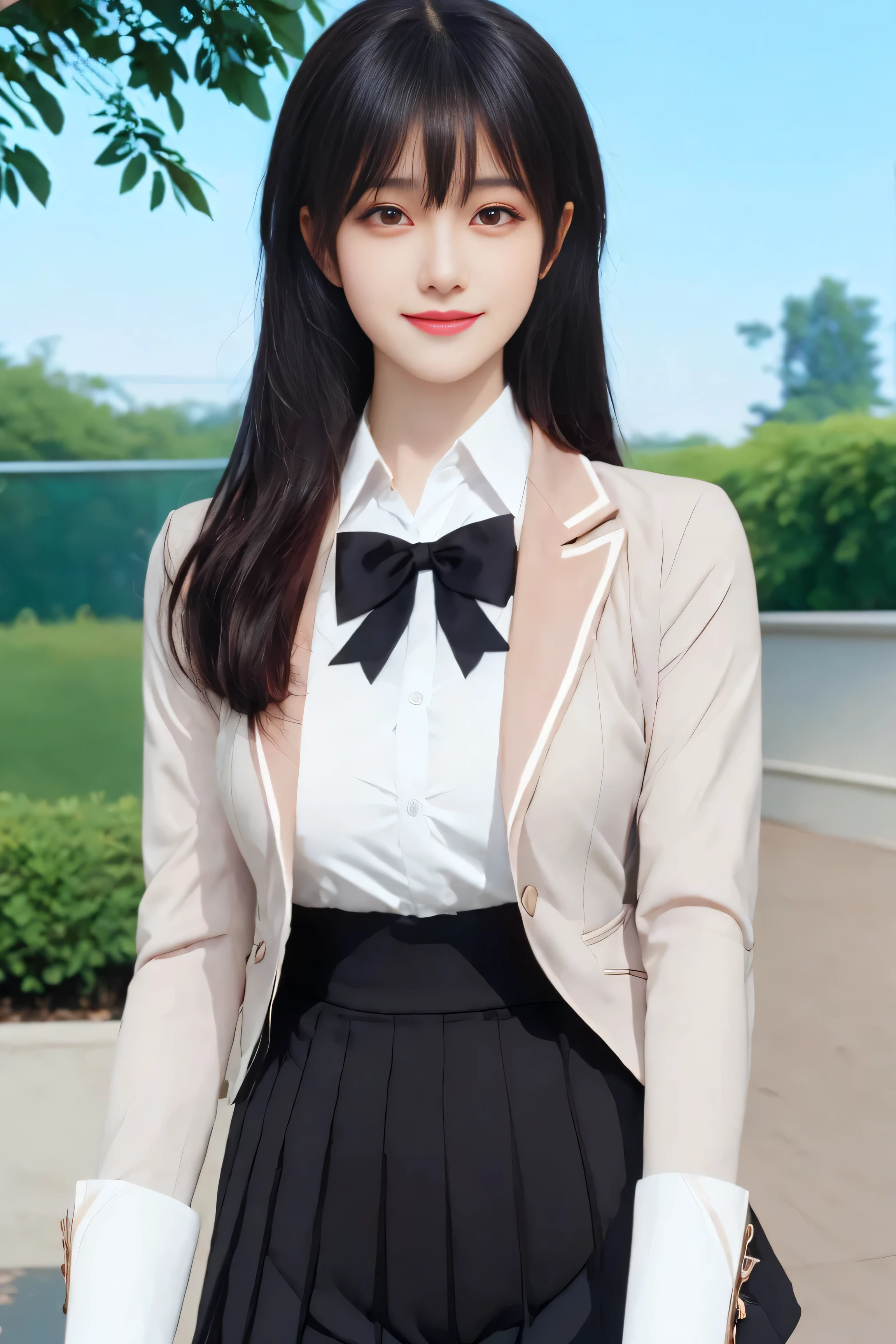 (best quality), (masterpiece), (Ultra-high resolution), (Clear face), (Reality: 1.4), (perfect lighting),(photorealistic:1.30), anime wallpaper, Guviz style artwork , fantasy cover up to magic , by Yang J, Guviz, beautiful artwork illustration, beautiful digital artwork, beautiful digital illustration, Li Song, beautiful anime portrait, art style at Beauvot,illustration, ethereal and beautiful, highly detailed, CG, unity, 8k wallpaper, Amazing, fine detail, official art, highly detailed CG unity 8k wallpaper,absurd, extremely absurd, large file size, highly detailed , high resolution, very detailed,beautiful girl with details, very detailed eyes and face, beautiful detailed eyes,light on the face,cinematic lighting, 1girl, solo, looking at viewer, Yuki Sou(Roshidere), ( rambut hitam :1.3), rambut panjang, bangs, mata hitam , Jalinan rambut , rok , kaos , lengan panjang, bow, , Jaket , white kaos , pleated rok , collared kaos , bowtie, black rok , busur merah , busur merah tie, blazer , (grey blazer :1.3), lengan panjang, tampilan tubuh bagian atas, senyum ,kepang , (standing:1.3), (upper body:1.3), smile, outdoor, garden backround