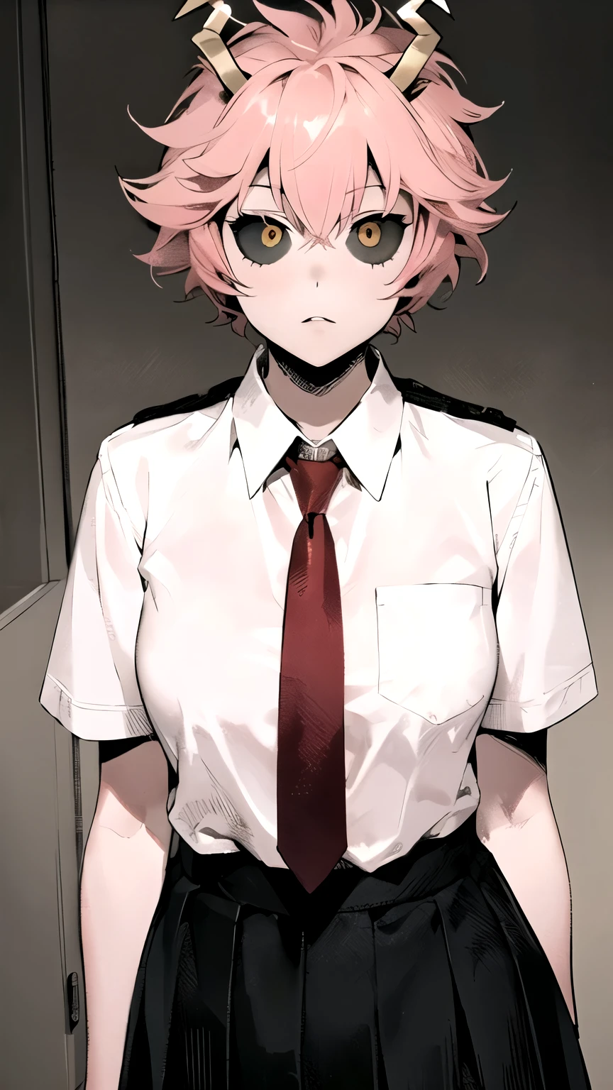((masterpiece,best quality)), {DATE_artstyle_LoRA : Manga_Style} {horror_edit : creepy_room_aura} {partially_monochrome} { (Mina Ashido, ashido mina, 1girl, black sclera, pink skin, horns, pink hair, colored sclera , perfectly_shape_breast : perfectly_fit_body : } { skirt, shirt, school uniform, white shirt, short sleeves, pleated skirt, necktie, collared shirt, red necktie, green skirt, u.a. school uniform}} { } {standing_still : discipline } { no_emotion : hypnotic_eyes : hypnotized_eyes } { sweating } { } : dark : creepy otaku room : messy }