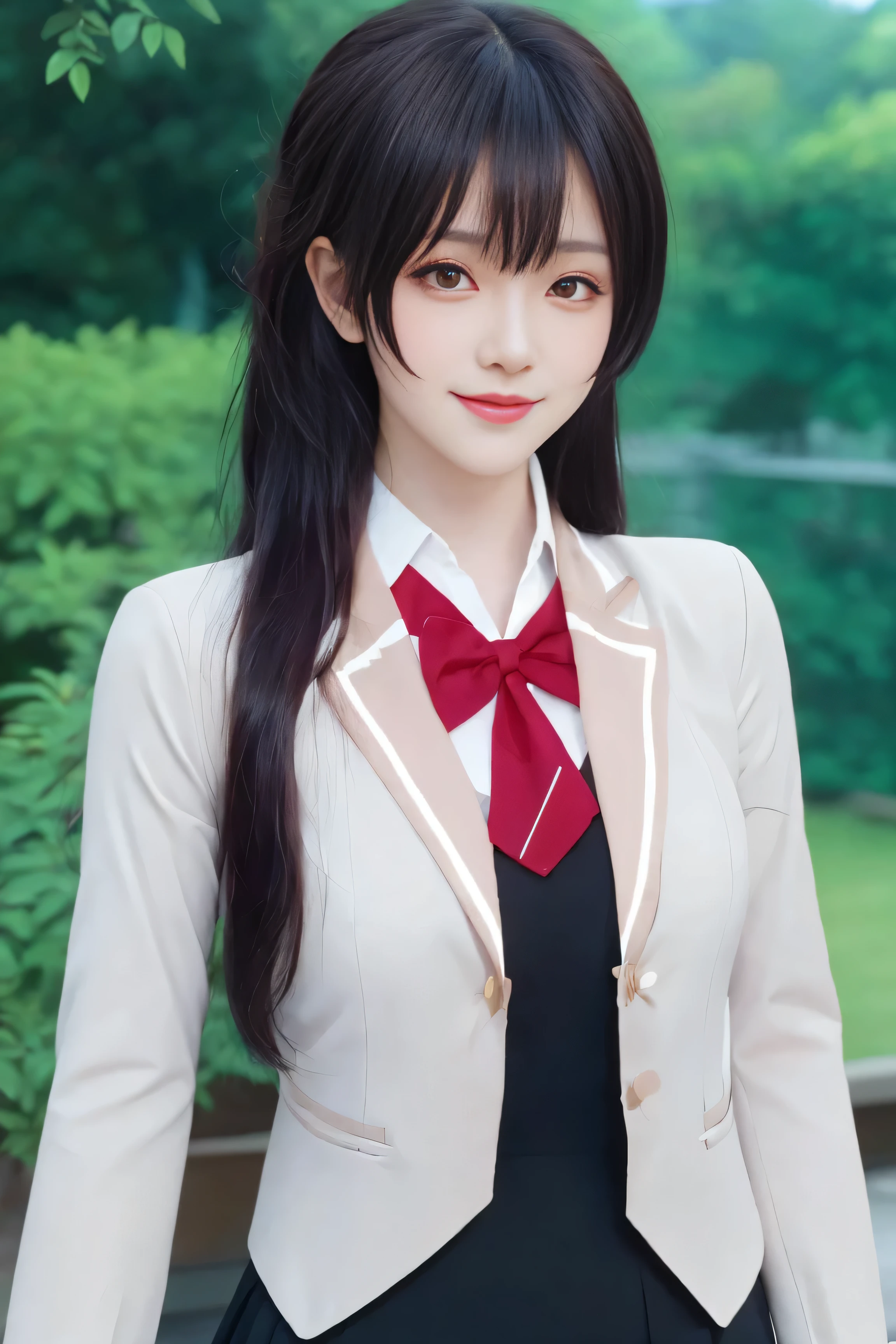 (best quality), (masterpiece), (Ultra-high resolution), (Clear face), （Reality： 1.4）, (perfect lighting),(photorealistic:1.30), anime wallpaper, Guviz style artwork , fantasy cover up to magic , by Yang J, Guviz, beautiful artwork illustration, beautiful digital artwork, beautiful digital illustration, Li Song, beautiful anime portrait, art style at Beauvot,illustration, ethereal and beautiful, highly detailed, CG, unity, 8k wallpaper, Amazing, fine detail, official art, highly detailed CG unity 8k wallpaper,absurd, extremely absurd, large file size, highly detailed , high resolution, very detailed,beautiful girl with details, very detailed eyes and face, beautiful detailed eyes,light on the face,cinematic lighting, 1girl, solo, looking at viewer, Yuki Sou(Roshidere), ( rambut hitam :1.3), rambut panjang, bangs,  mata hitam , Jalinan rambut , rok ,  kaos , lengan panjang, bow, ,  Jaket , white  kaos , pleated rok , collared  kaos , bowtie, black rok ,  busur merah ,  busur merah tie,  blazer , (grey  blazer :1.3), lengan panjang, tampilan tubuh bagian atas, senyum ,kepang , (standing:1.3), (upper body:1.3), smile, outdoor, garden backround
