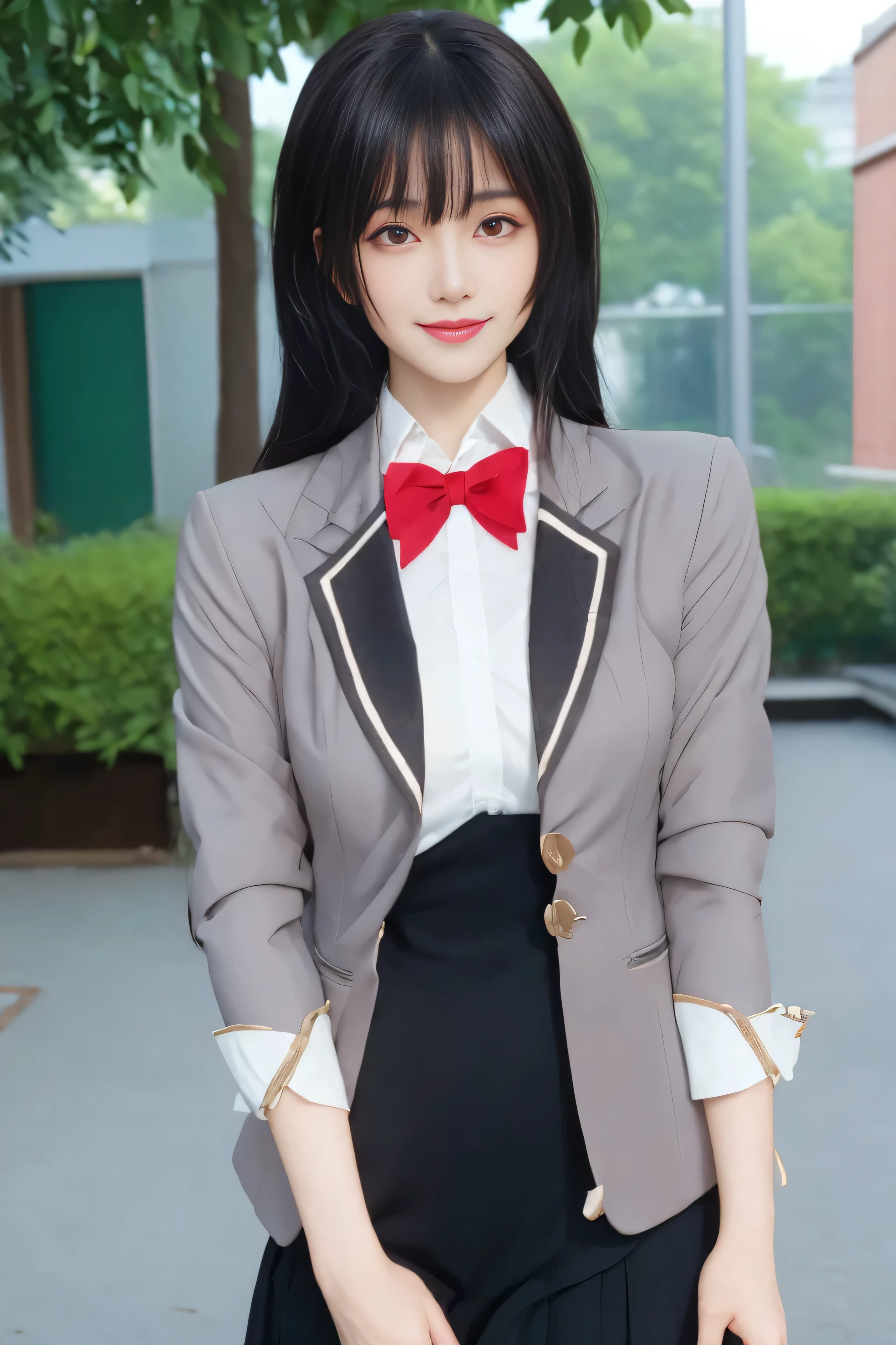 (best quality), (masterpiece), (Ultra-high resolution), (Clear face), (Reality: 1.4), (perfect lighting),(photorealistic:1.30), anime wallpaper, Guviz style artwork , fantasy cover up to magic , by Yang J, Guviz, beautiful artwork illustration, beautiful digital artwork, beautiful digital illustration, Li Song, beautiful anime portrait, art style at Beauvot,illustration, ethereal and beautiful, highly detailed, CG, unity, 8k wallpaper, Amazing, fine detail, official art, highly detailed CG unity 8k wallpaper,absurd, extremely absurd, large file size, highly detailed , high resolution, very detailed,beautiful girl with details, very detailed eyes and face, beautiful detailed eyes,light on the face,cinematic lighting, 1girl, solo, looking at viewer, Yuki Sou(Roshidere), ( rambut hitam :1.3), rambut panjang, bangs, mata hitam , Jalinan rambut , rok , kaos , lengan panjang, bow, , Jaket , white kaos , pleated rok , collared kaos , bowtie, black rok , busur merah , busur merah tie, blazer , (grey blazer :1.3), lengan panjang, tampilan tubuh bagian atas, senyum ,kepang , (standing:1.3), (upper body:1.3), smile, outdoor, garden backround