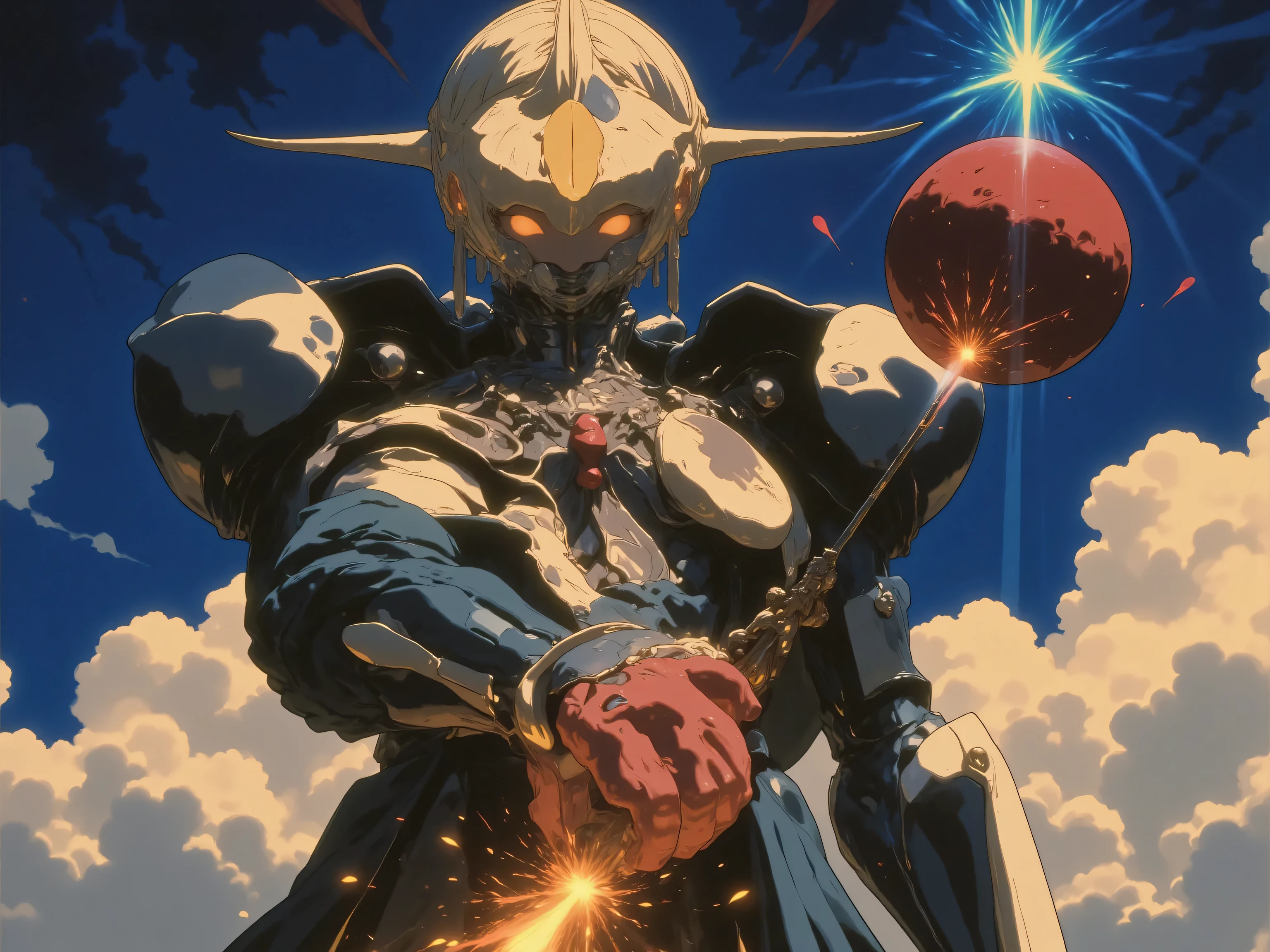 Style of Yoshiyuki Sadamoto :”Angel’s Egg, Gunbuster, cell shading, dreamy vibrance, surreal, grainy, vintage anime, overlapping visual channels, interference, dystopian sky, tilted” Classic Anime, fantasy, metallic god looking at the planets and choosing one to move in space. Simple colors, vibrant, airy, dark, grim, shiny glair, lens flair. Detailed 80’s anime.
