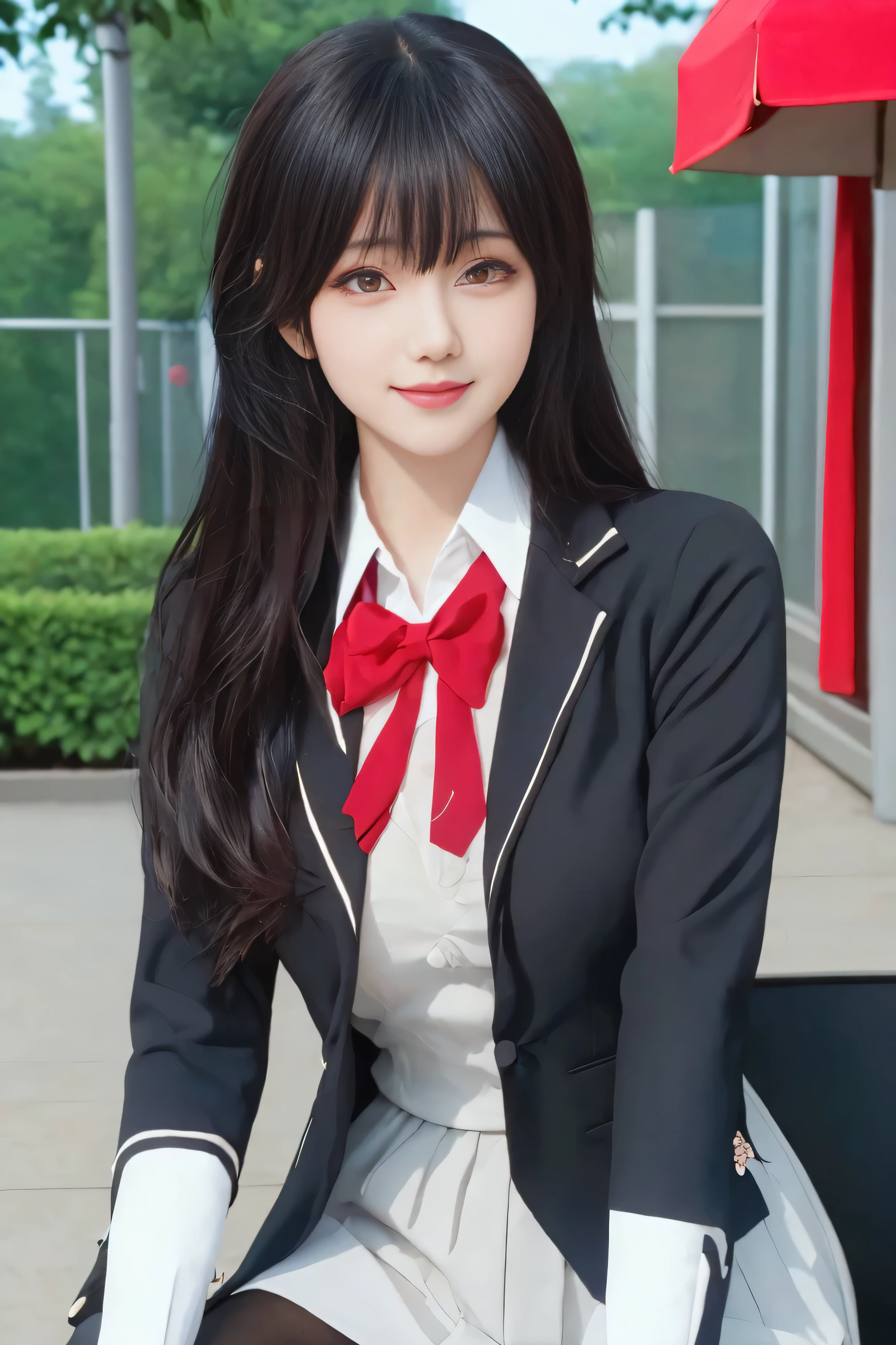 (best quality), (masterpiece), (Ultra-high resolution), (Clear face), (Reality: 1.4), (perfect lighting),(photorealistic:1.30), anime wallpaper, Guviz style artwork , fantasy cover up to magic , by Yang J, Guviz, beautiful artwork illustration, beautiful digital artwork, beautiful digital illustration, Li Song, beautiful anime portrait, art style at Beauvot,illustration, ethereal and beautiful, highly detailed, CG, unity, 8k wallpaper, Amazing, fine detail, official art, highly detailed CG unity 8k wallpaper,absurd, extremely absurd, large file size, highly detailed , high resolution, very detailed,beautiful girl with details, very detailed eyes and face, beautiful detailed eyes,light on the face,cinematic lighting, 1girl, solo, looking at viewer, Yuki Sou(Roshidere), ( rambut hitam :1.3), rambut panjang, bangs, mata hitam , Jalinan rambut , rok , kaos , lengan panjang, bow, , Jaket , white kaos , pleated rok , collared kaos , bowtie, black rok , busur merah , busur merah tie, blazer , (grey blazer :1.3), lengan panjang, tampilan tubuh bagian atas, senyum ,kepang , (sitting:1.3), (upper body:1.3), smile, outdoor, garden backround