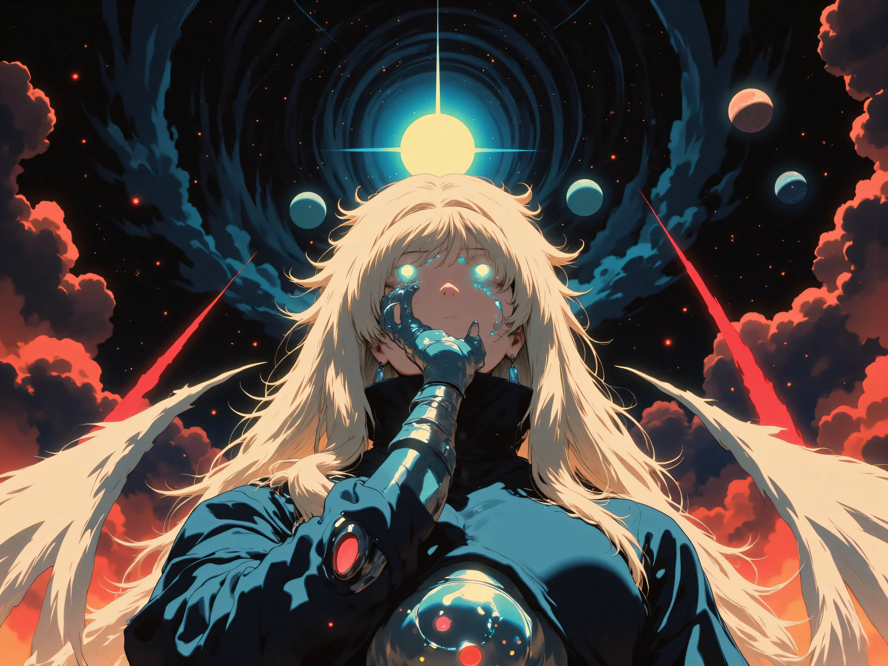 Style of Yoshiyuki Sadamoto :”Angel’s Egg, Gunbuster, cell shading, dreamy vibrance, surreal, grainy, vintage anime, overlapping visual channels, interference, dystopian sky, tilted” Classic Anime, fantasy, metallic god looking at the planets and choosing one to move in space. Simple colors, vibrant, airy, dark, grim, shiny glair, lens flair. Detailed 80’s anime.