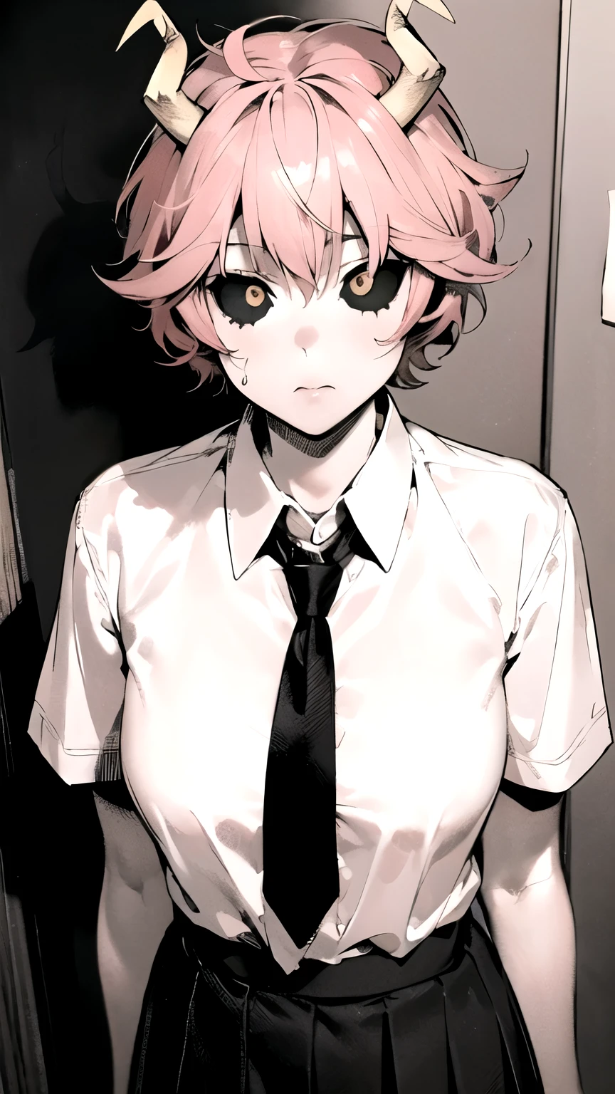 ((masterpiece,best quality)), {DATE_artstyle_LoRA : Manga_Style} {horror_edit : creepy_room_aura} {partially_monochrome} { (Mina Ashido, ashido mina, 1girl, black sclera, pink skin, horns, pink hair, colored sclera , perfectly_shape_breast : perfectly_fit_body : } { skirt, shirt, school uniform, white shirt, short sleeves, pleated skirt, necktie, collared shirt, red necktie, green skirt, u.a. school uniform}} { } {standing_still : discipline } { no_emotion : hypnotic_eyes : hypnotized_eyes } { sweating } { } : dark : creepy otaku room : messy }