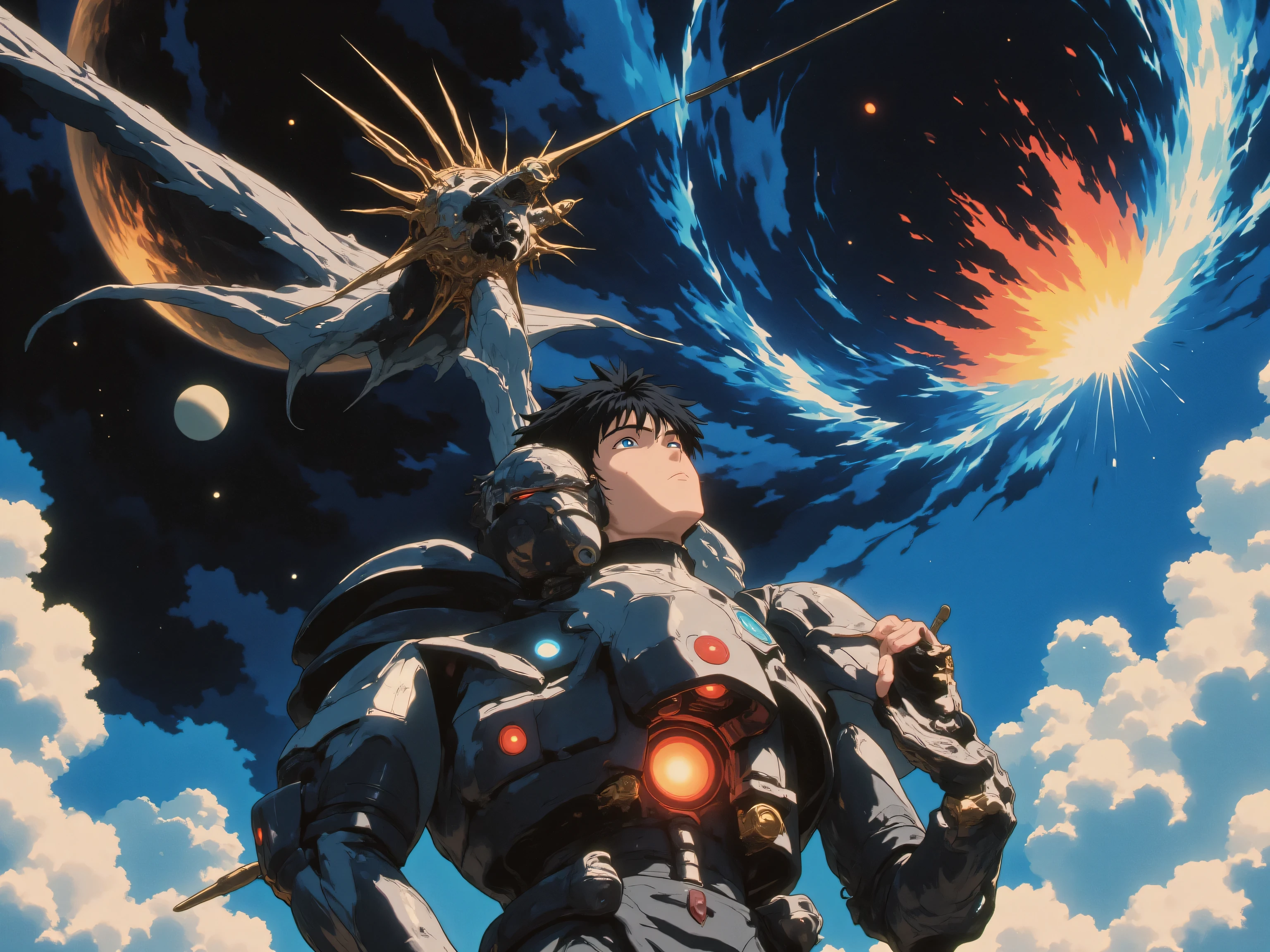 Style of Yoshiyuki Sadamoto :”Angel’s Egg, Gunbuster, cell shading, dreamy vibrance, surreal, grainy, vintage anime, overlapping visual channels, interference, dystopian sky, tilted” Classic Anime, fantasy, metallic god looking at the planets and choosing one to move in space. Simple colors, vibrant, airy, dark, grim, shiny glair, lens flair. Detailed 80’s anime.