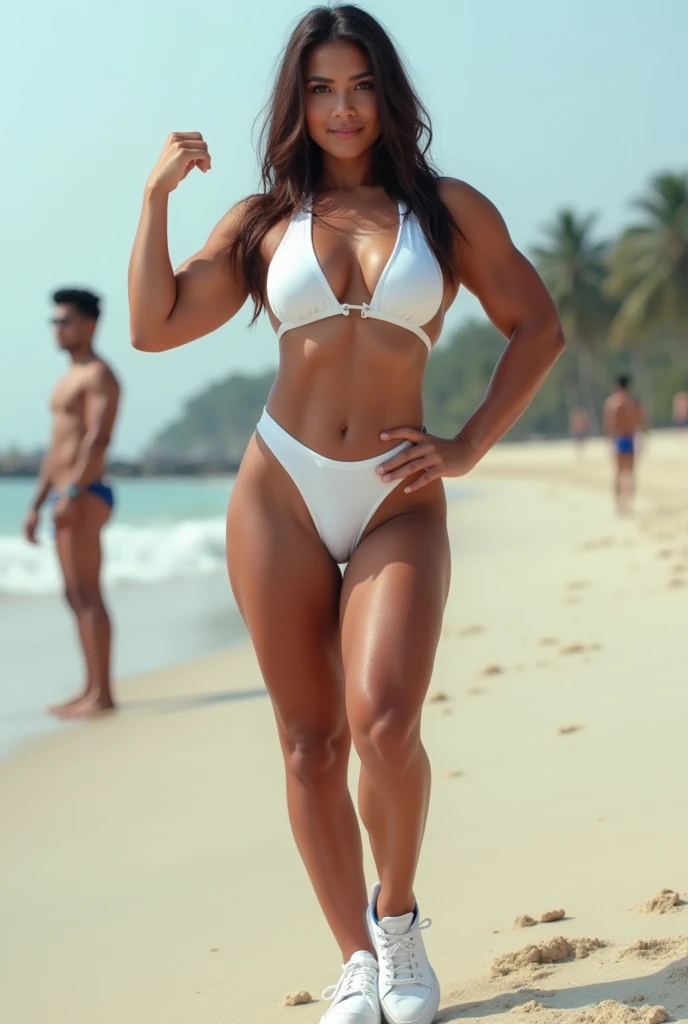 (best quality:1.5), (hyperrealistic:1.5), 23 year old skinny salvadoran woman, messy short black haired, brown eyed, tanned brown skin, wet hair, wet skin, standing in the sunny beach, in an all white bikini, ripped abs, toned abs, back view, frontal view, side view, smiling