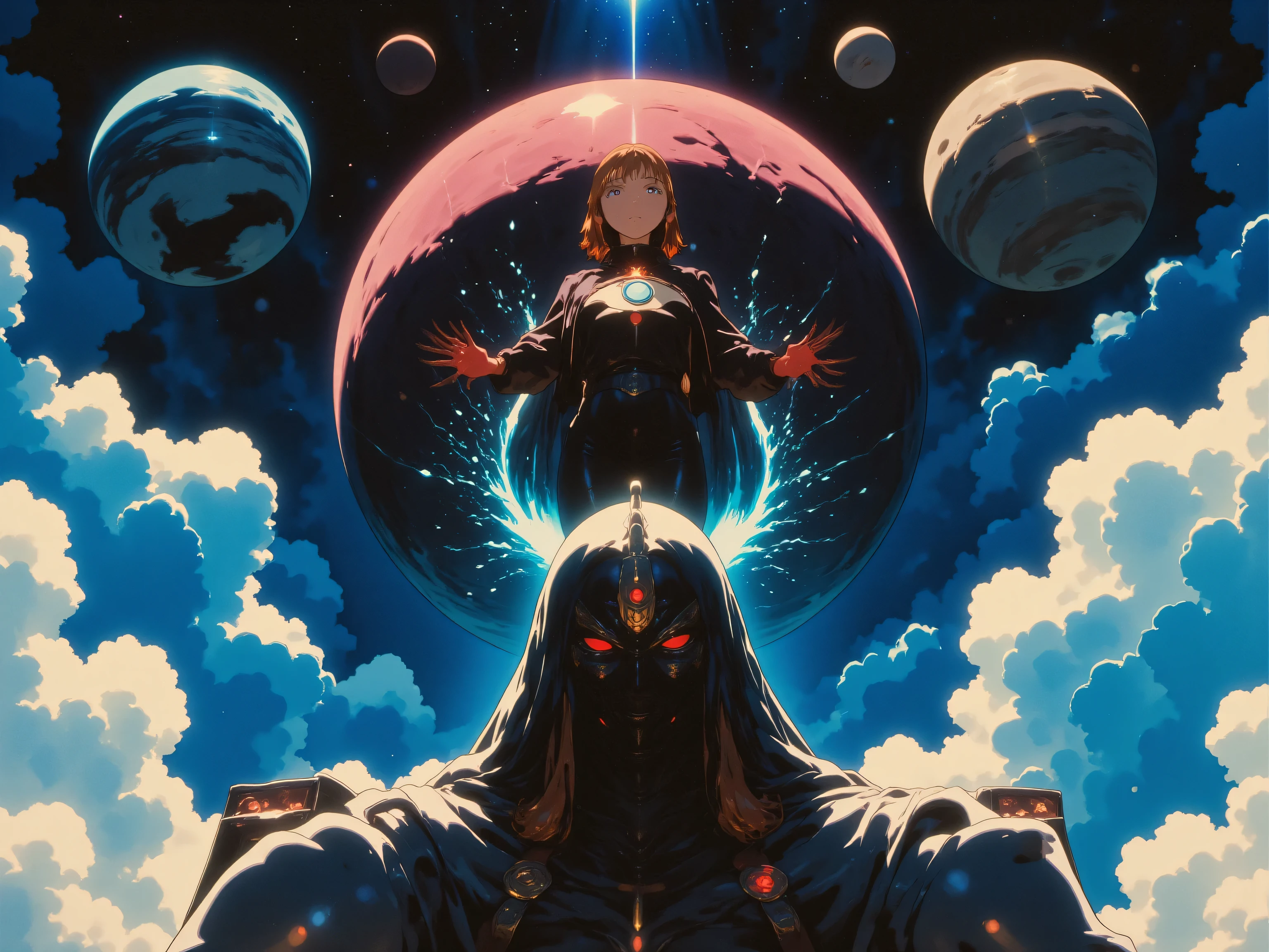 Style of Yoshiyuki Sadamoto :”Angel’s Egg, Gunbuster, cell shading, dreamy vibrance, surreal, grainy, vintage anime, overlapping visual channels, interference, dystopian sky, tilted” Classic Anime, fantasy, metallic god looking at the planets and choosing one to move in space. Simple colors, vibrant, airy, dark, grim, shiny glair, lens flair. Detailed 80’s anime.