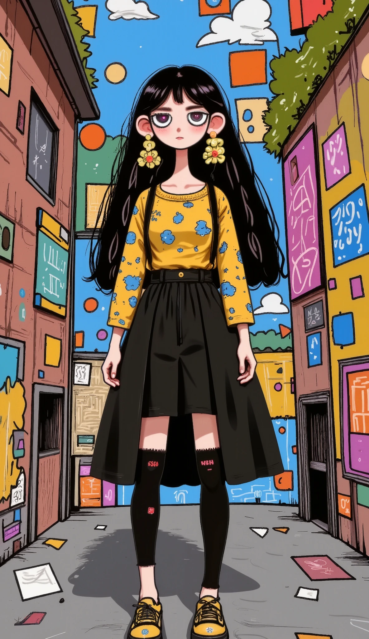 A girl in an alley , super detailed, 8K, Hip Hop Fashion , graffiti wall, full body, extremely detailed face , Detailed Feet , detailed hands, Cold expression, standing, realistic, photorealistic, photo-realistic:1.37, ( envelopes,4k,8K,highres, masterpiece:1.2), ultra detailed ,(realistic,photorealistic,photo-realistic:1.37),hyperrealistic,realistic lighting,realistic shadows, physical representation based on ,3D, detailed texture, intricate details