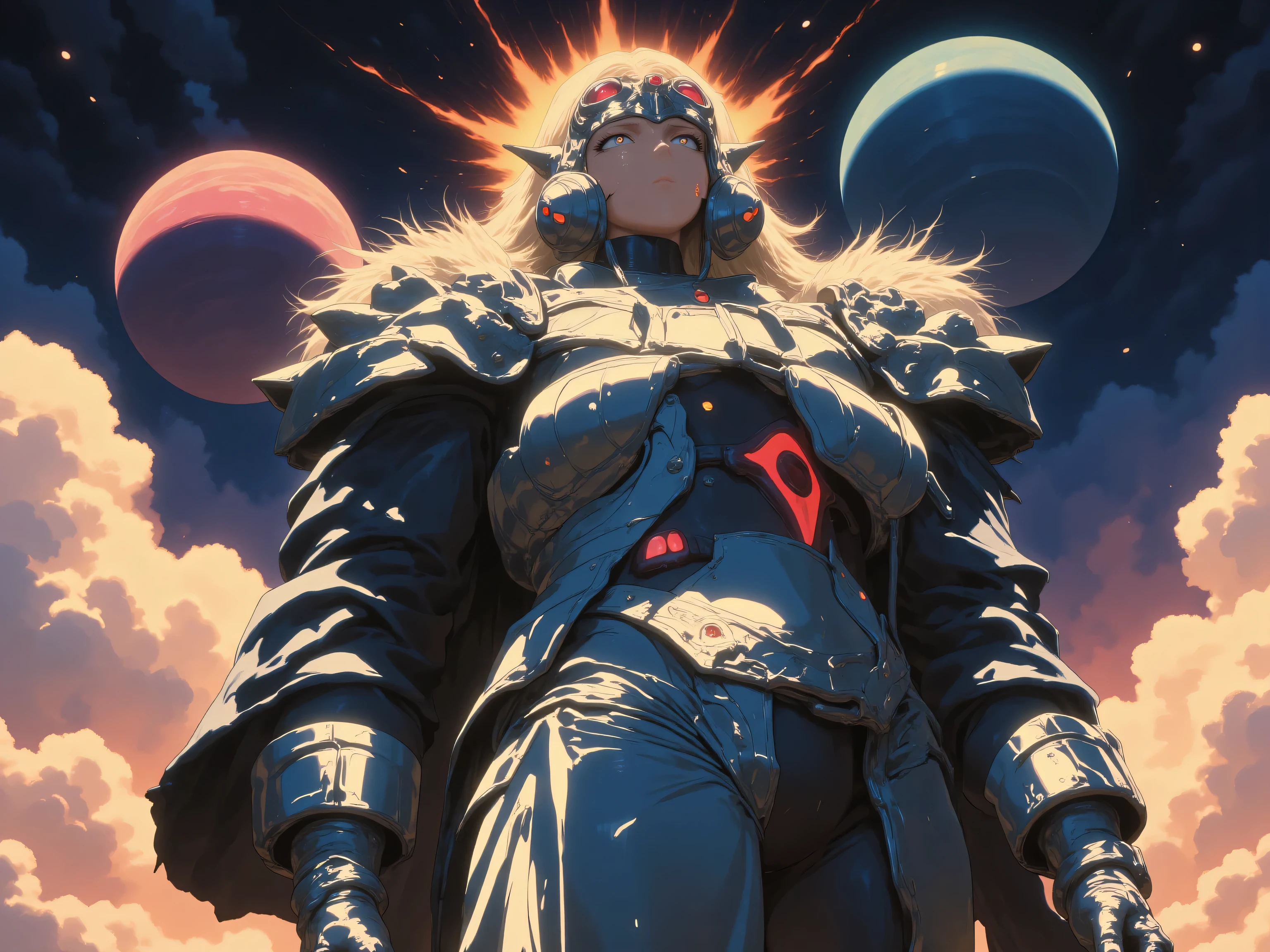 Style of Yoshiyuki Sadamoto :”Angel’s Egg, Gunbuster, cell shading, dreamy vibrance, surreal, grainy, vintage anime, overlapping visual channels, interference, dystopian sky, tilted” Classic Anime, fantasy, metallic god looking at the planets and choosing one to move in space. Simple colors, vibrant, airy, dark, grim, shiny glair, lens flair. Detailed 80’s anime.