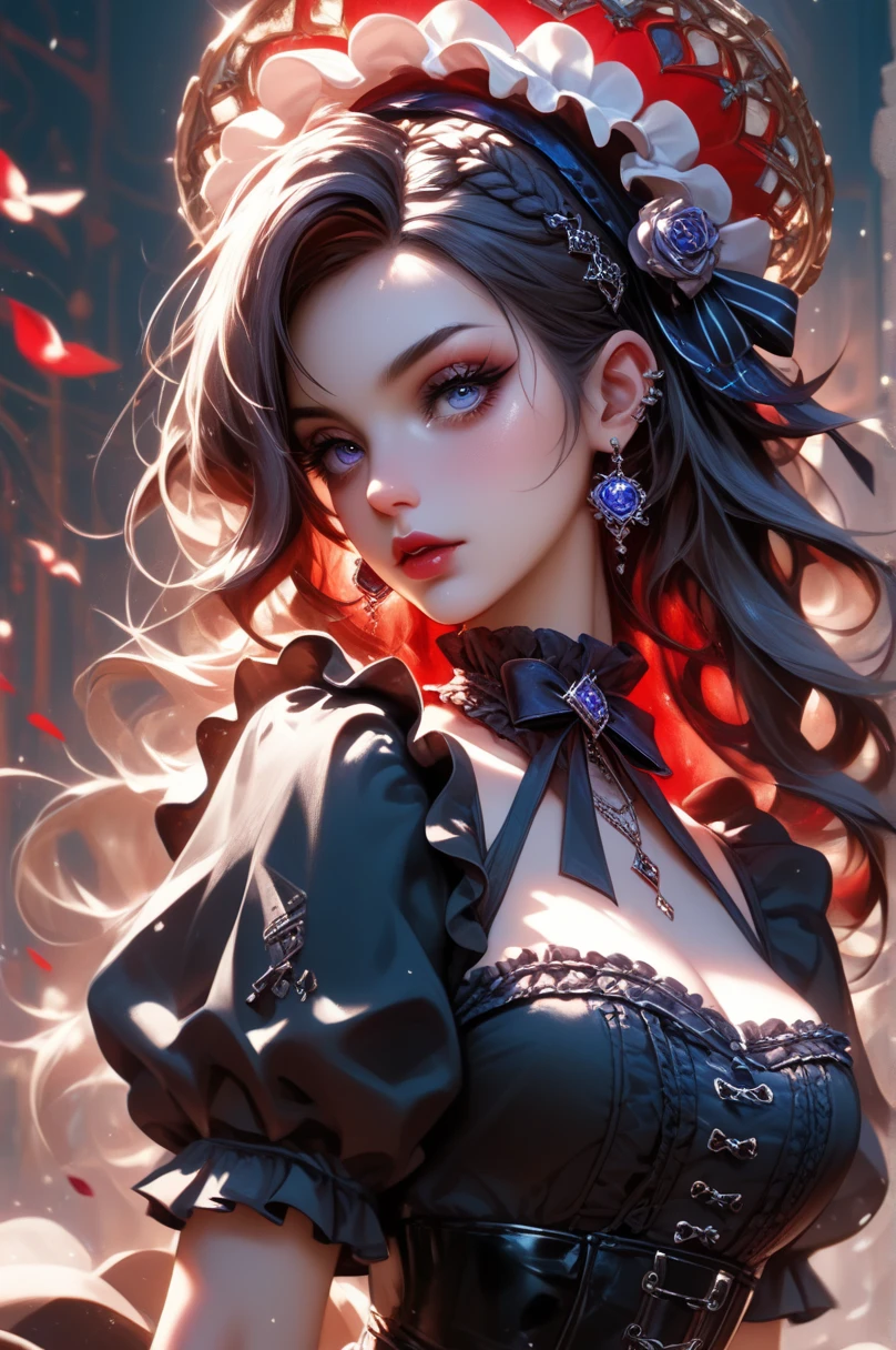 (absurdres, highres, ultra detailed), masterpiece, hinata(boruto), ((solo)), 1girl,medium breasts, long purple victorian style dress, closed mouth, (((long hair))),standing, the bodice and the skirt pattern, frill skirt, lace, blink blink effect, (((detailed lips))), garden, pink and yellow flowers, ((realistic skin)), glowing skin, ((glossy red lips)), purple eyes, portrait, beautiful, smile, (((dark blue hair))), bust crop, normal skin