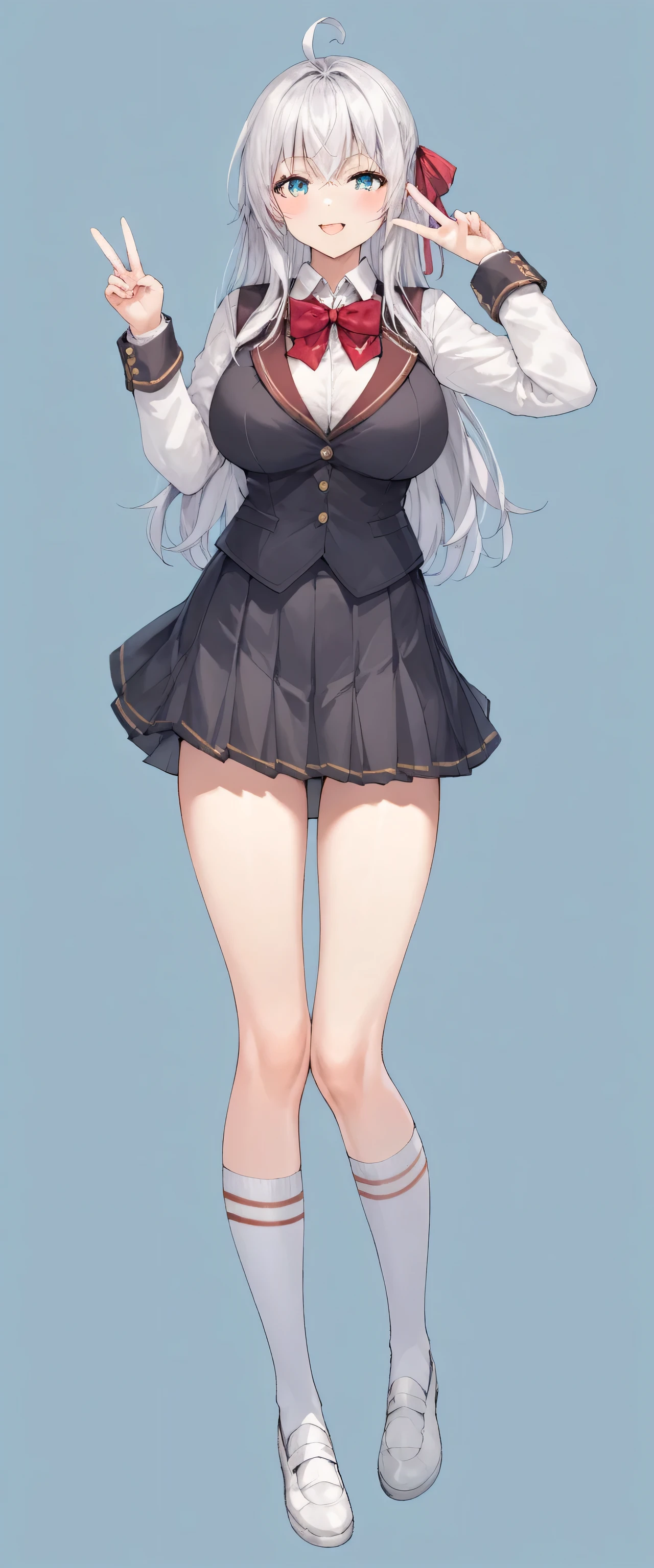score_9, score_8_superior, score_7_superior, score_6_superior, score_5_superior, score_4_superior, Break Source_anime, Alisa Mikhailovna Kujo, blue eyes, Silver Hair, Long Hair, Red hair ribbon, White shirt, Ahoge, White shoes, Black vest, School black dress, White knee socks, Short beige blazer, Red bow tie, Are standing,Big Breasts,One-handed peace sign