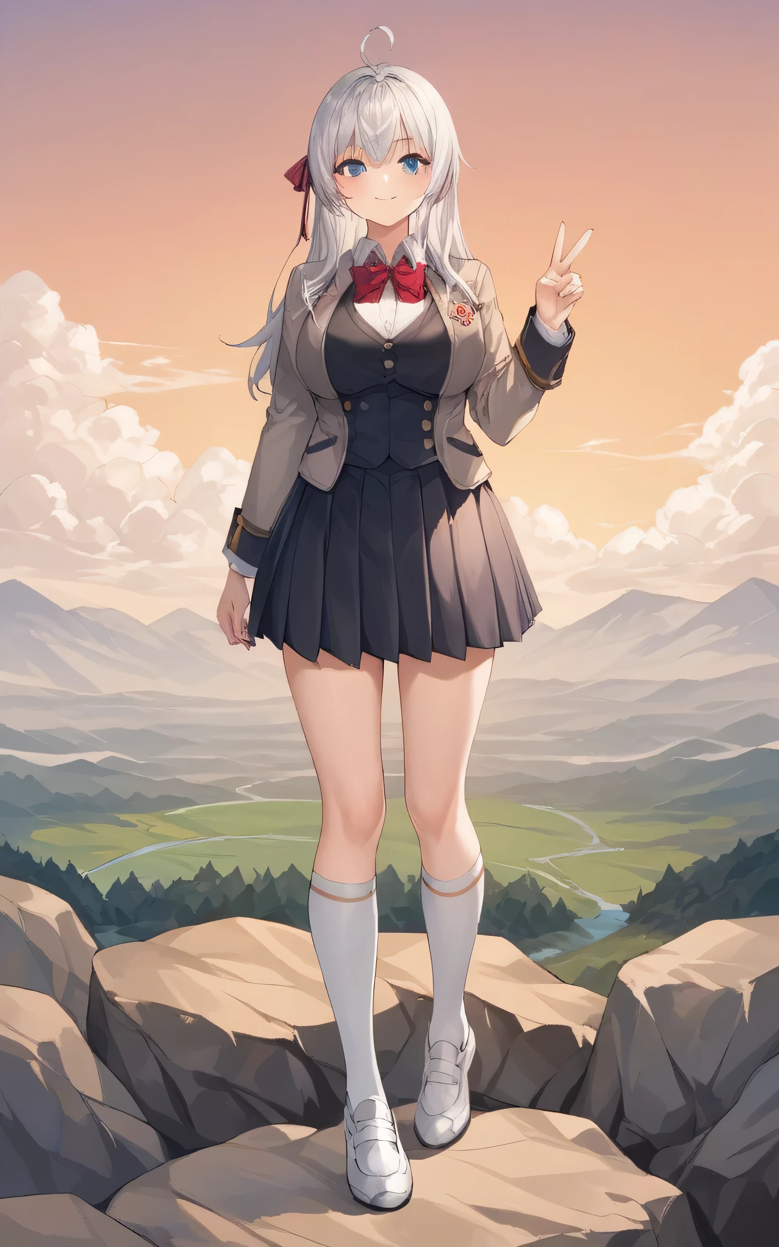 score_9, score_8_superior, score_7_superior, score_6_superior, score_5_superior, score_4_superior, Break Source_anime, Alisa Mikhailovna Kujo, blue eyes, Silver Hair, Long Hair, Red hair ribbon, White shirt, Ahoge, White shoes, Black vest, School black dress, White knee socks, Short beige blazer, Red bow tie, Are standing,Big Breasts,One-handed peace sign, Landscape, facing sideways