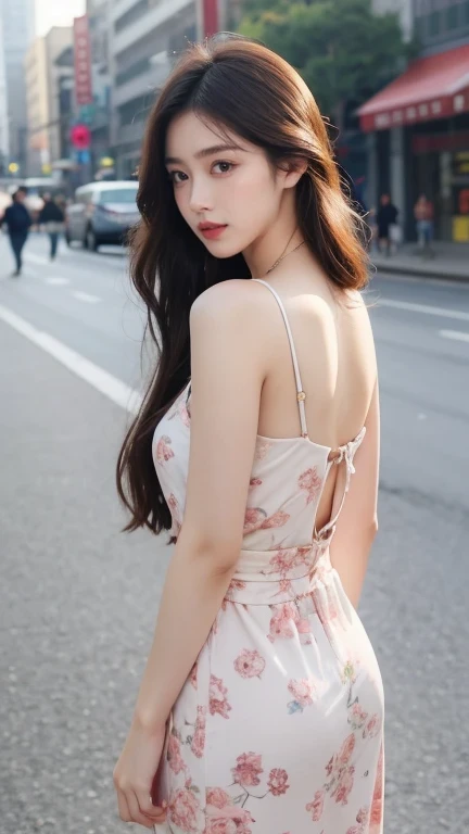 an image of a stunning Korean influencer with radiant, fair skin, dressed in an elegant yet trendy outfit suitable for a city photoshoot. She is standing confidently on a bustling street in Seoul during the golden hour, with sunlight casting a warm glow. The background features iconic modern Korean architecture and subtle floral elements, highlighting her as the centerpiece with a charismatic and approachable aura. Attention to detail in her makeup, hairstyle, and accessories should emphasize her chic and fashionable personality.