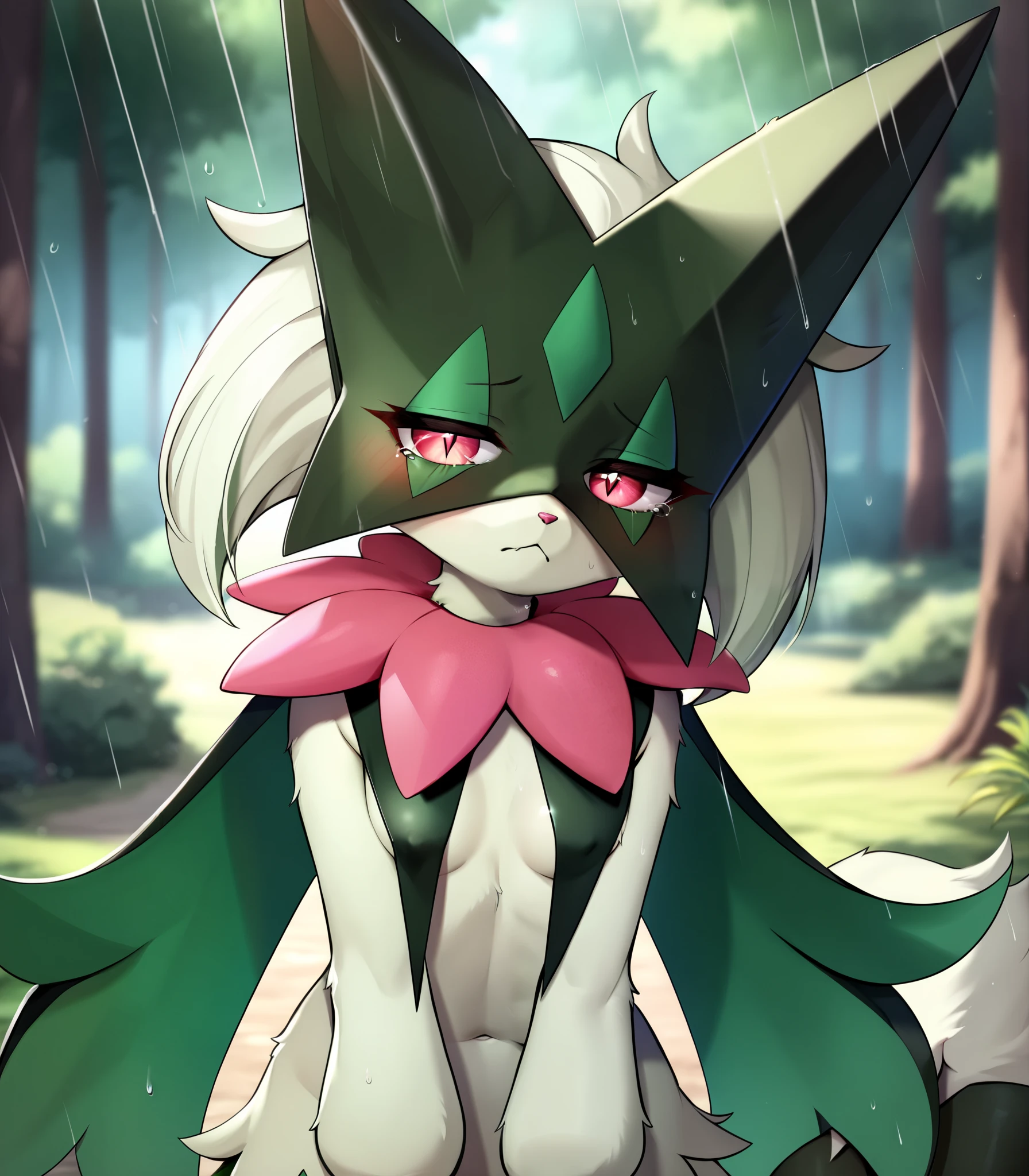 [ Meowscarada; Pokemon], [Uploaded to Pivix; (Kedamaru)], kemono, dagasi, solo female Meowscarada \(Pokemon\) with ((tiny and short body with green fur)), ((dark green fur on legs)) ((green fur on thighs)) (green hair), (crimson eyes), (short and fluffy tail), ((anthro furry)), ((Only)), ((small breasts)), (detailed fluffy fur), (front down view), (viewed in front), (standing), (bending slightly towards viewer), (((SAD))), (sad pose), (((feline expression))), (devastating expression), (half closed eyes), (detailed background, outdoors background, clouded and rainy forest background, depth of field, half body shadow, night, (intricate:1), (high detail:1.3), (unreal engine:1.2), (soft focus:1.15), [Explicit content, questionable content], (masterpiece, best quality, 4K, 2k, shaded, Absurd res)