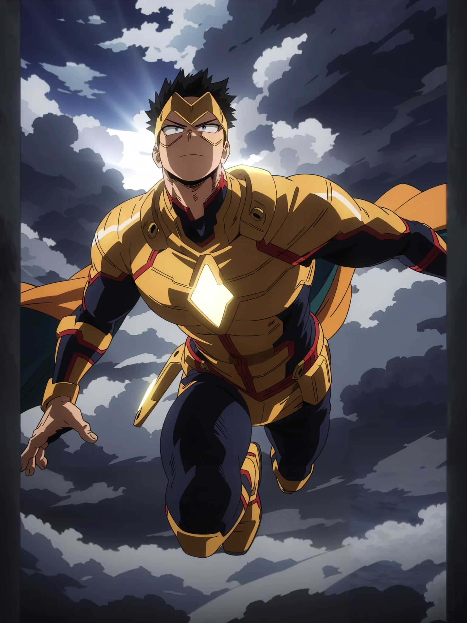 (masterpiece, best quality, anime, anime coloring:1.3). superhero flying through the sky with open arms, radiating power and confidence. He is wearing a golden suit, which shines brightly as he advances. Details of the suit include a long, flowing cape, which flutters in the wind as he flies.
In the background, draw a stormy sky, with dark clouds and thunder lighting up the horizon. The sunlight is hidden behind the dark clouds, creating a dramatic contrast between the darkness and brightness of the superhero.
Make sure you draw the superhero with a determined expression, with his eyes focused on the horizon. His posture should be heroic and powerful, showing his determination to protect and save the world.
Daytime, detailed anime lighting, colorfull.
My Hero Academia character, MHA style, anime style, my hero academia, boku no hero academia, animated. Anime, Best Quality, Masterpiece, High Resolution, 4K, perfect body, perfect eyes, perfect eyes, Full Quality, colorfull, Looking at viewer, Anime, Anime Style, High Resolution.
