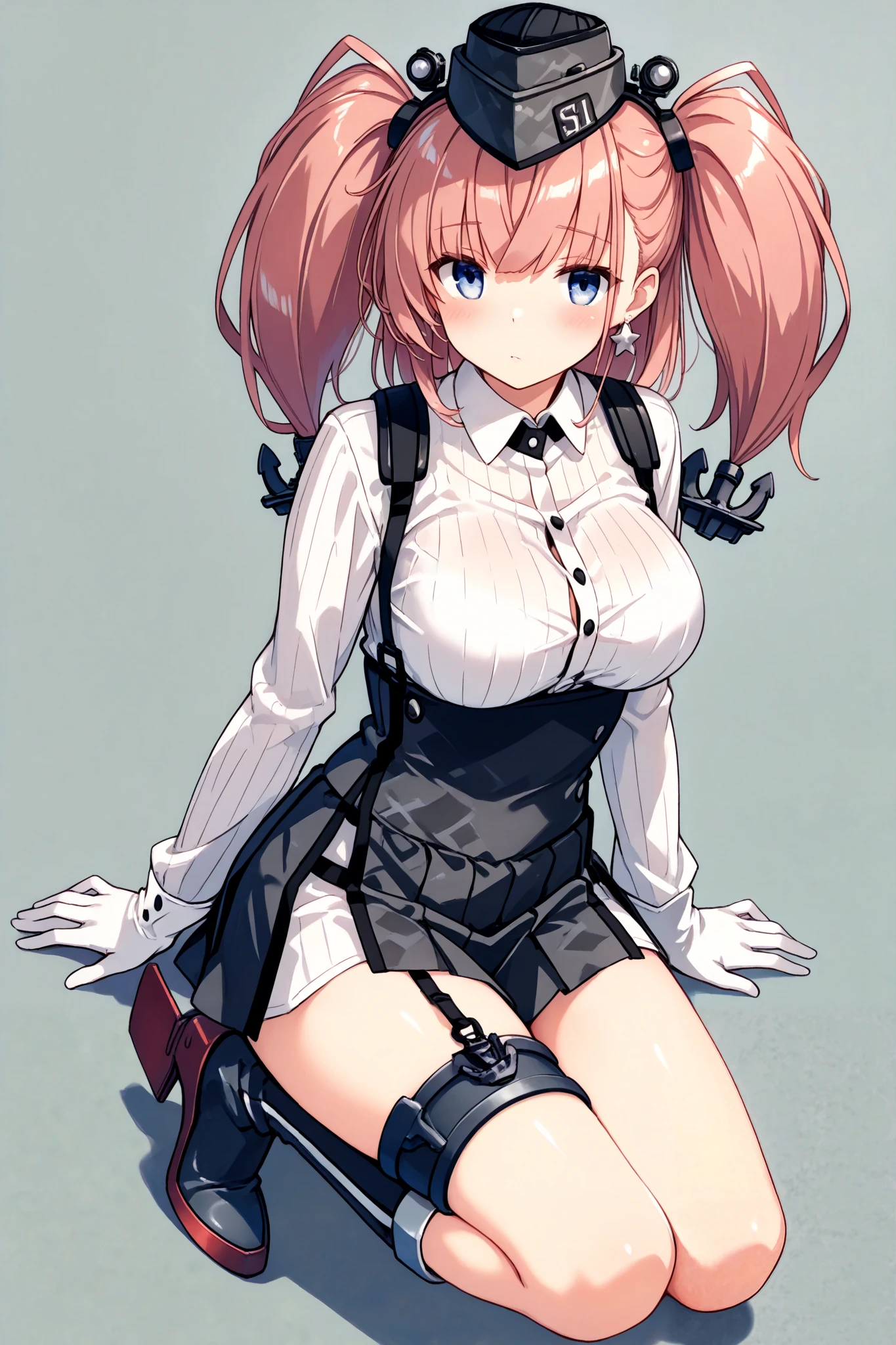 atlanta \(kancolle\), 1girl,, skirt, , solo, gloves, jewelry, breasts, earrings, anchor hair ornament, suspenders, suspender skirt, star \(symbol\), star earrings, shirt, large breasts, , long sleeves, black skirt, white shirt, rudder footwear, boots, black headwear, dress shirt, garter straps, thigh strap, , black footwear,