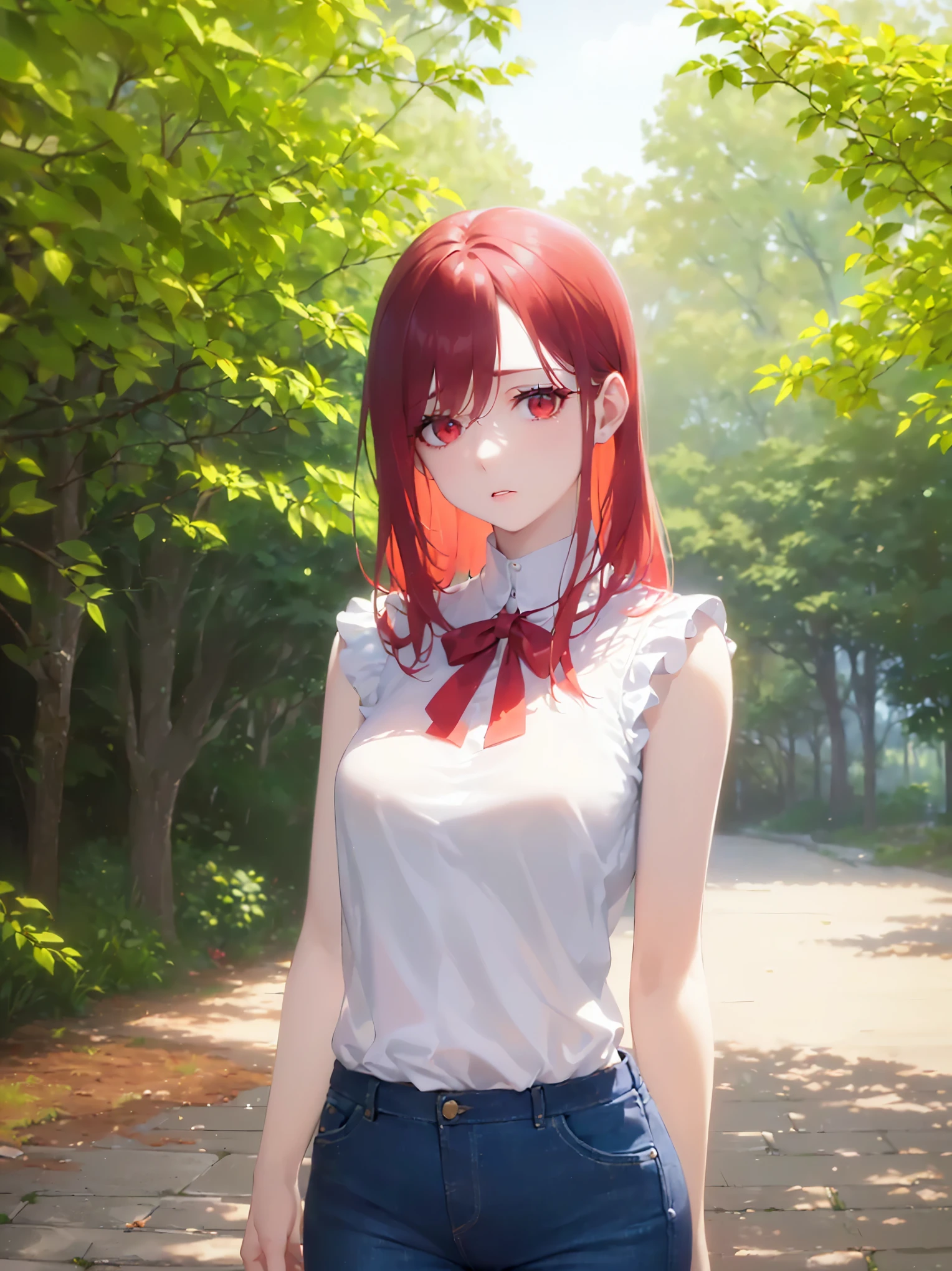 An anime girl with red hair and blue eyes wearing a skirt and a black and red bra