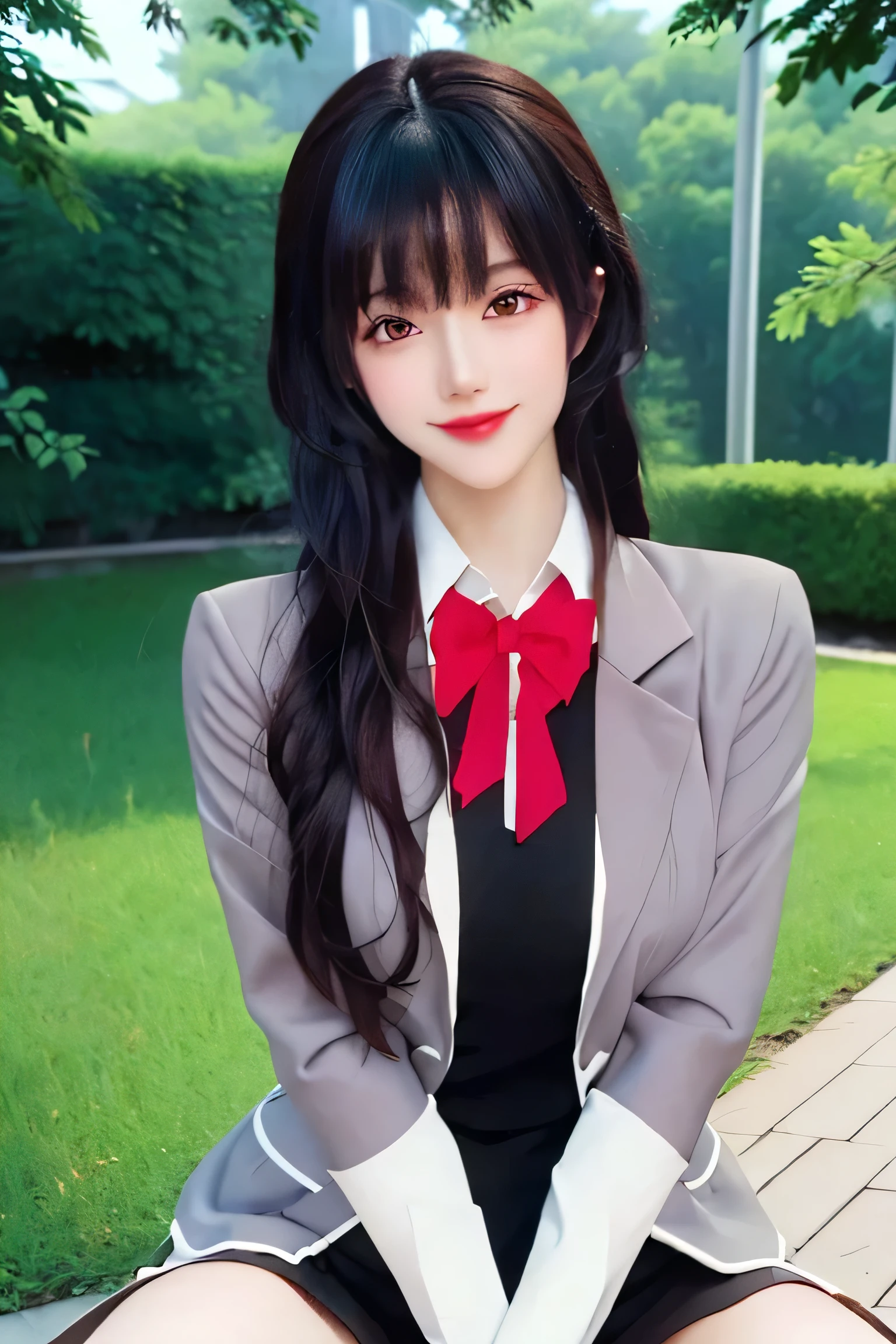  (best quality), (masterpiece), (Ultra-high resolution), (Clear face), （Reality： 1.4）, (perfect lighting),(photorealistic:1.30), anime wallpaper, Guviz style artwork , fantasy cover up to magic , by Yang J, Guviz, beautiful artwork illustration, beautiful digital artwork, beautiful digital illustration, Li Song, beautiful anime portrait, art style at Beauvot,illustration, ethereal and beautiful, highly detailed, CG, unity, 8k wallpaper, Amazing, fine detail, official art, highly detailed CG unity 8k wallpaper,absurd, extremely absurd, large file size, highly detailed , high resolution, very detailed,beautiful girl with details, very detailed eyes and face, beautiful detailed eyes,light on the face,cinematic lighting, 1girl, solo, looking at viewer, Yuki Sou(Roshidere), ( rambut hitam :1.3), rambut panjang, bangs,  mata hitam , Jalinan rambut , rok ,  kaos , lengan panjang, bow, ,  Jaket , white  kaos , pleated rok , collared  kaos , bowtie, black rok ,  busur merah ,  busur merah tie,  blazer , (grey  blazer :1.3), lengan panjang, tampilan tubuh bagian atas, senyum ,kepang , (sitting:1.3), (upper body:1.3), smile, outdoor, garden backround, random posse, Lips wear thick red lipstick, 