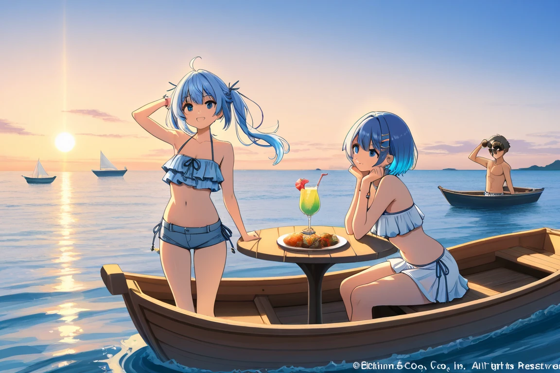 (masterpiece, best quality), 2girls, petite, loli, flat chest, (white bikini), closeup, (eyes), smile, eating, sitting in street cafe, plenty of dishes, city street, blue skies, vibrant colors, bright, watercolor