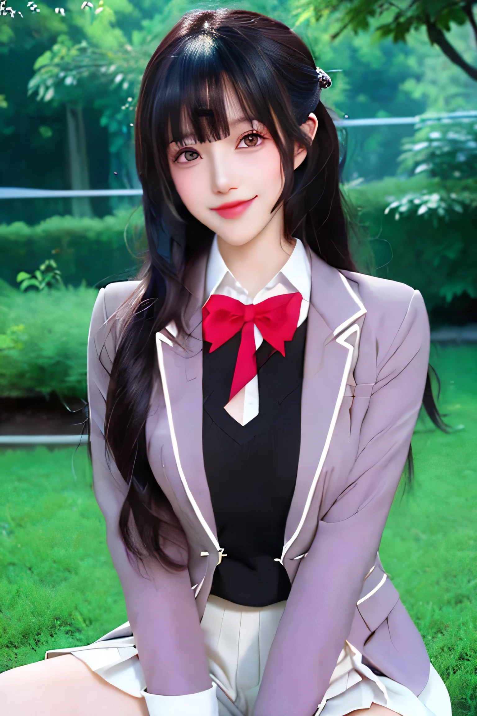 (best quality), (masterpiece), (Ultra-high resolution), (Clear face), （Reality： 1.4）, (perfect lighting),(photorealistic:1.30), anime wallpaper, Guviz style artwork , fantasy cover up to magic , by Yang J, Guviz, beautiful artwork illustration, beautiful digital artwork, beautiful digital illustration, Li Song, beautiful anime portrait, art style at Beauvot,illustration, ethereal and beautiful, highly detailed, CG, unity, 8k wallpaper, Amazing, fine detail, official art, highly detailed CG unity 8k wallpaper,absurd, extremely absurd, large file size, highly detailed , high resolution, very detailed,beautiful girl with details, very detailed eyes and face, beautiful detailed eyes,light on the face,cinematic lighting, 1girl, solo, looking at viewer, Yuki Sou(Roshidere), ( rambut hitam :1.3), rambut panjang, bangs,  mata hitam , Jalinan rambut , rok ,  kaos , lengan panjang, bow, ,  Jaket , white  kaos , pleated rok , collared  kaos , bowtie, black rok ,  busur merah ,  busur merah tie,  blazer , (grey  blazer :1.3), lengan panjang, tampilan tubuh bagian atas, senyum ,kepang , (sitting:1.3), (upper body:1.3), smile, outdoor, garden backround, random posse, Lips wear thick red lipstick, 