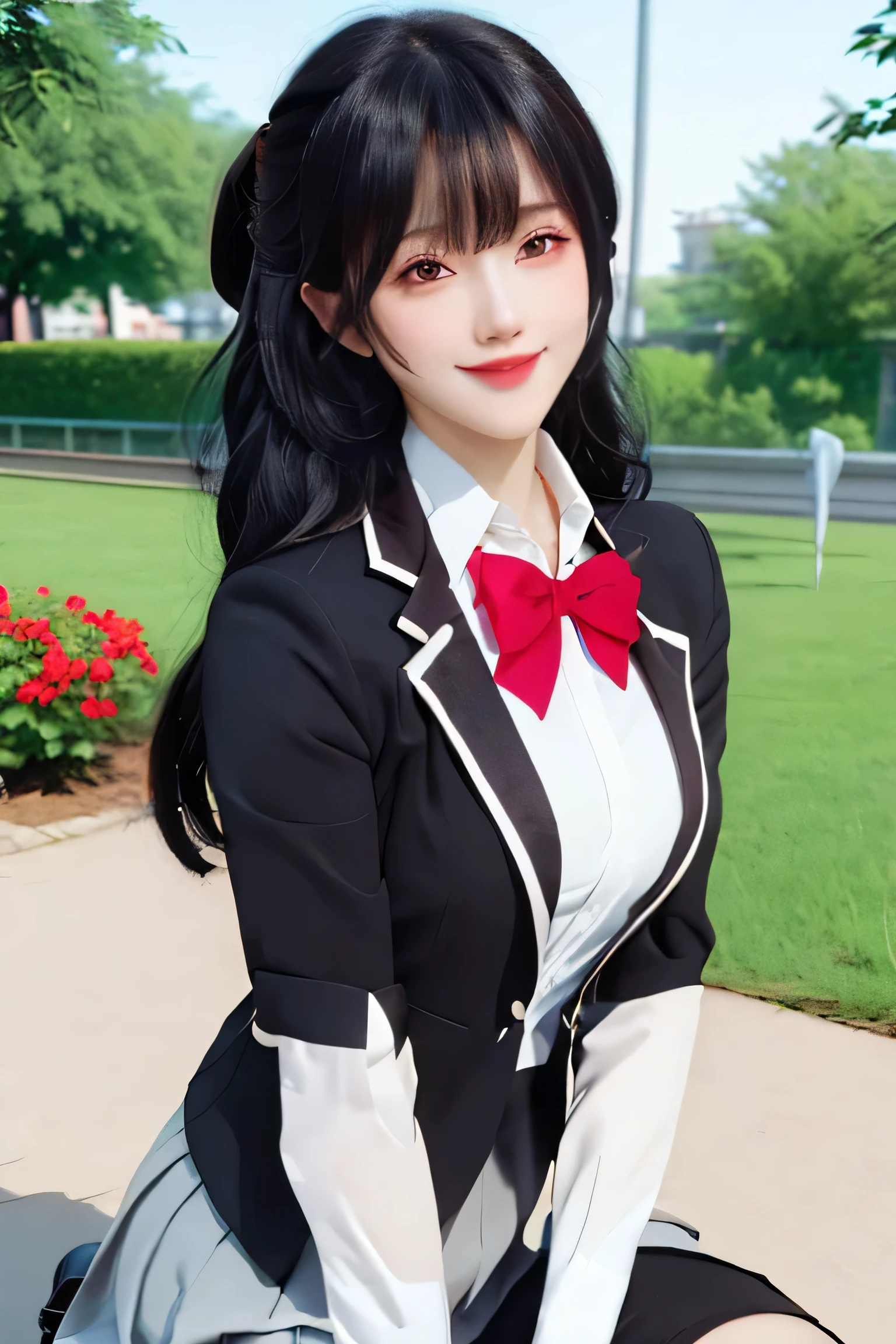 (best quality), (masterpiece), (Ultra-high resolution), (Clear face), (Reality: 1.4), (perfect lighting),(photorealistic:1.30), anime wallpaper, Guviz style artwork , fantasy cover up to magic , by Yang J, Guviz, beautiful artwork illustration, beautiful digital artwork, beautiful digital illustration, Li Song, beautiful anime portrait, art style at Beauvot,illustration, ethereal and beautiful, highly detailed, CG, unity, 8k wallpaper, Amazing, fine detail, official art, highly detailed CG unity 8k wallpaper,absurd, extremely absurd, large file size, highly detailed , high resolution, very detailed,beautiful girl with details, very detailed eyes and face, beautiful detailed eyes,light on the face,cinematic lighting, 1girl, solo, looking at viewer, Yuki Sou(Roshidere), ( rambut hitam :1.3), rambut panjang, bangs, mata hitam , Jalinan rambut , rok , kaos , lengan panjang, bow, , Jaket , white kaos , pleated rok , collared kaos , bowtie, black rok , busur merah , busur merah tie, blazer , (grey blazer :1.3), lengan panjang, tampilan tubuh bagian atas, senyum ,kepang , (sitting:1.3), (upper body:1.3), smile, outdoor, garden backround, random posse, Lips wear thick red lipstick,