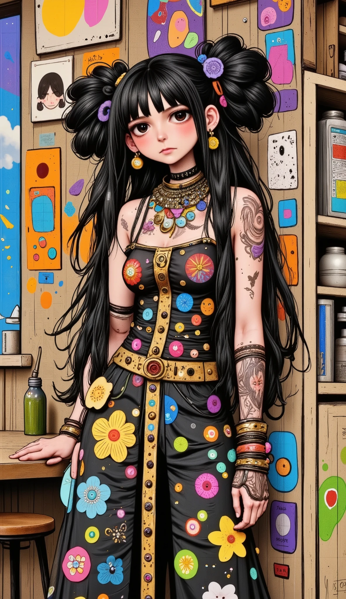 (( general plane , full body: 1.6)), :1.4, café:1.2, purple:1.2, yellow:1.4, magenta:1.6, ( Rapper with terrifying hair , detailed eyes and body and beautiful clothes , loose and loose :1.6), tatuajes, (walls with graffiti: 1.2), flower, leaves, born in the mist, , leaning against the wall with a can of paint in her hand, action pose, 32k.