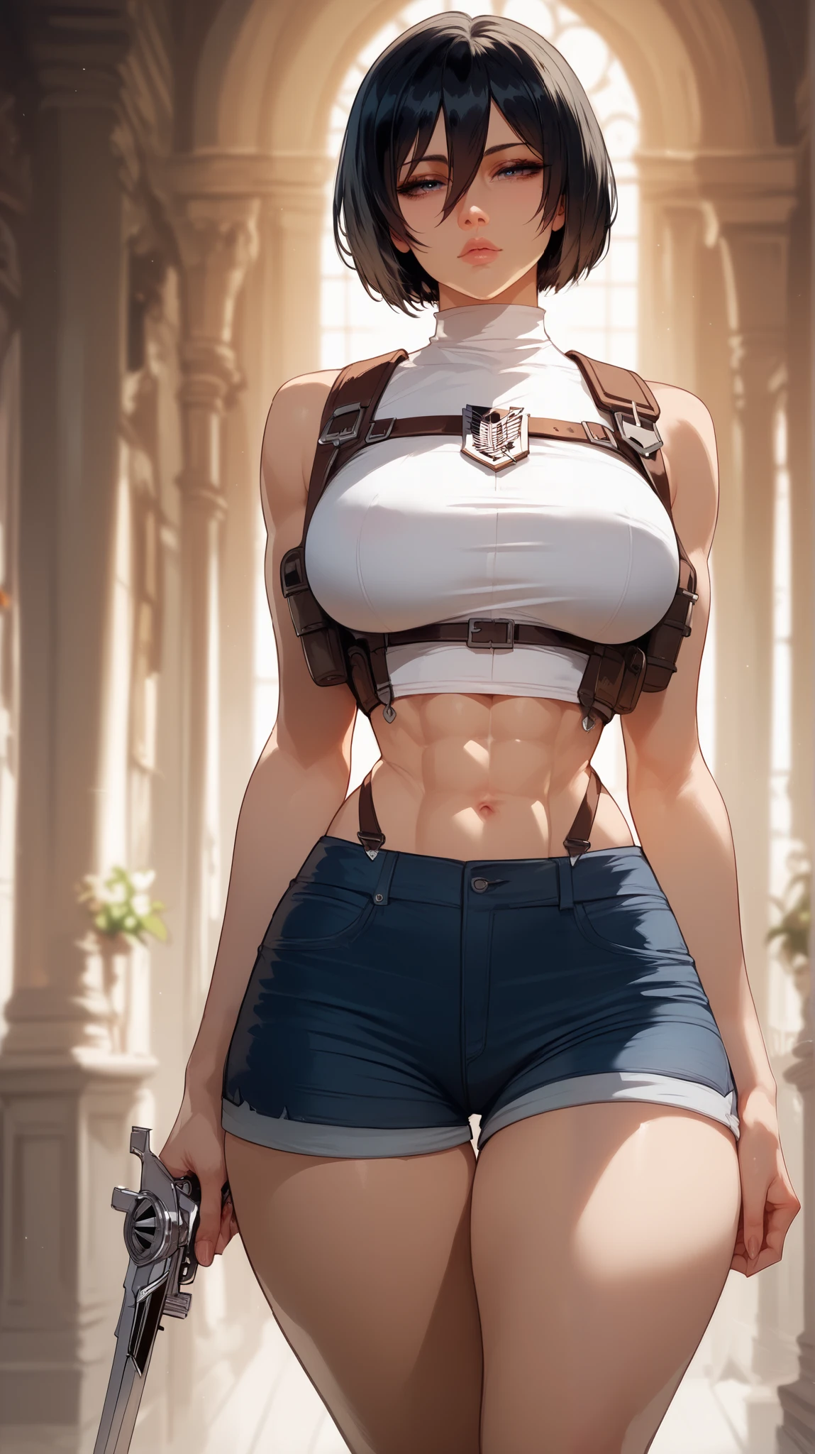 ((masterpiece, best_quality)), (photorealistic:1.4), solo, 1 girl, ruin_background, blue_hair, short_hair, ponytail, zettai_ryouiki,(white long-big ribbon accessories at the back of head), (mustard camisole with sleeves rolled), outline nipple can be seen through the clothes, areola bulge, high cut heels boots, belly, crotch gap, cameltoe ,shiny skin, sweaty skin, nose blush, belt underboob, underboobs, metal arms band, shoulder metal cover , nsfw