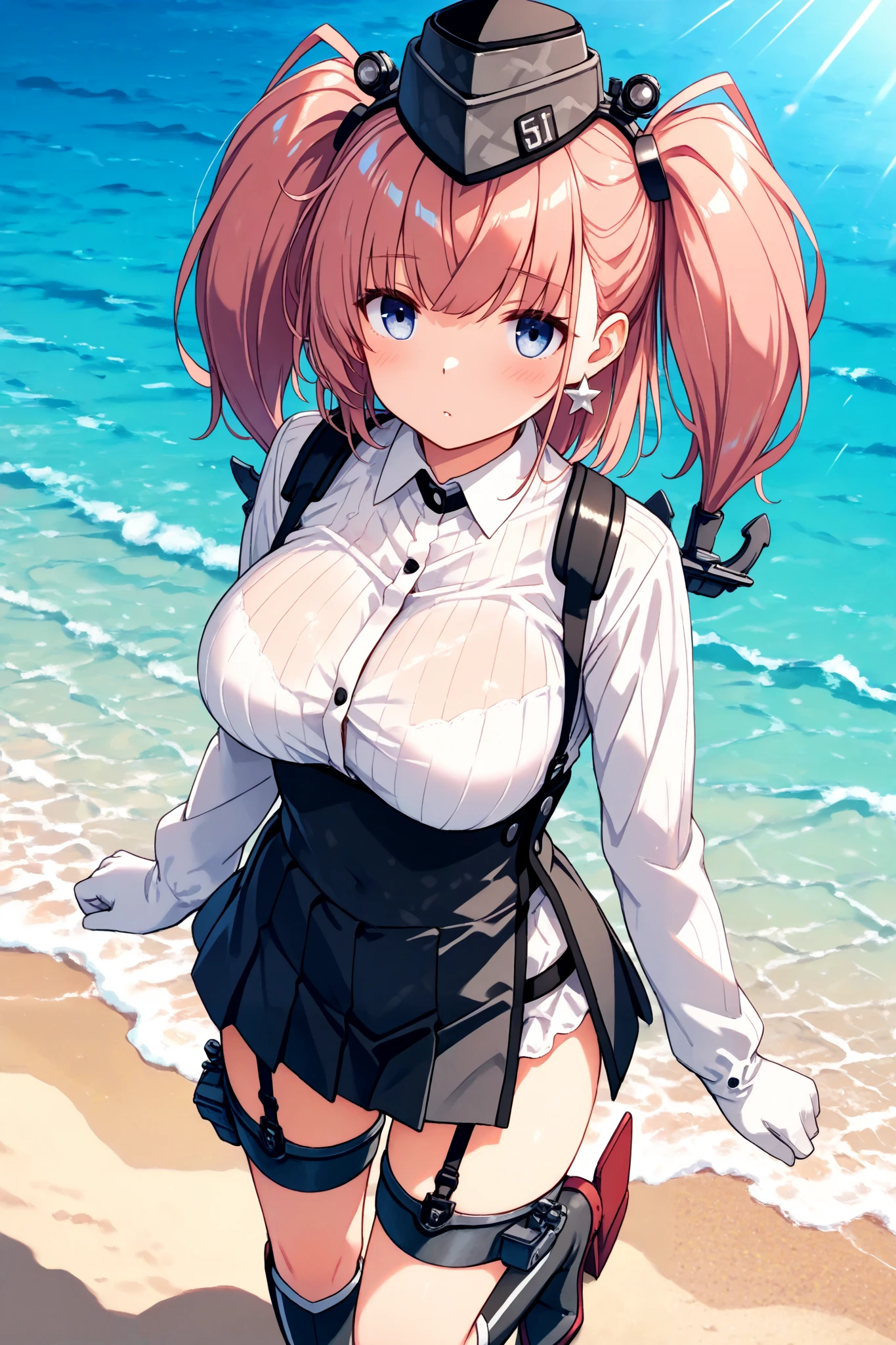 atlanta \(kancolle\), 1girl,, skirt, , solo, gloves, jewelry, breasts, earrings, anchor hair ornament, suspenders, suspender skirt, star \(symbol\), star earrings, shirt, large breasts, , long sleeves, black skirt, white shirt, rudder footwear, boots, black headwear, dress shirt, garter straps, thigh strap, , black footwear, ocean