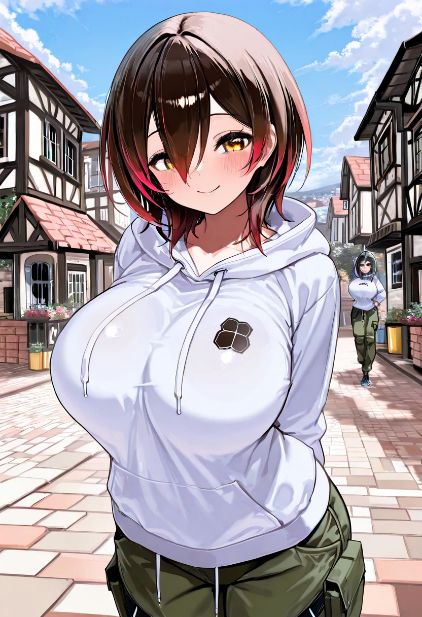 anime、High resolution、Gentle smile、Nishizumi Maho、Magazine cover style、Sensational headlines、A busty, chubby girl wearing camping gear shows off her charms at an autumn campsite、Perfect proportions、Cowboy Shot、Very big saggy 、Fatty legs、Sweaty、Clear eyes