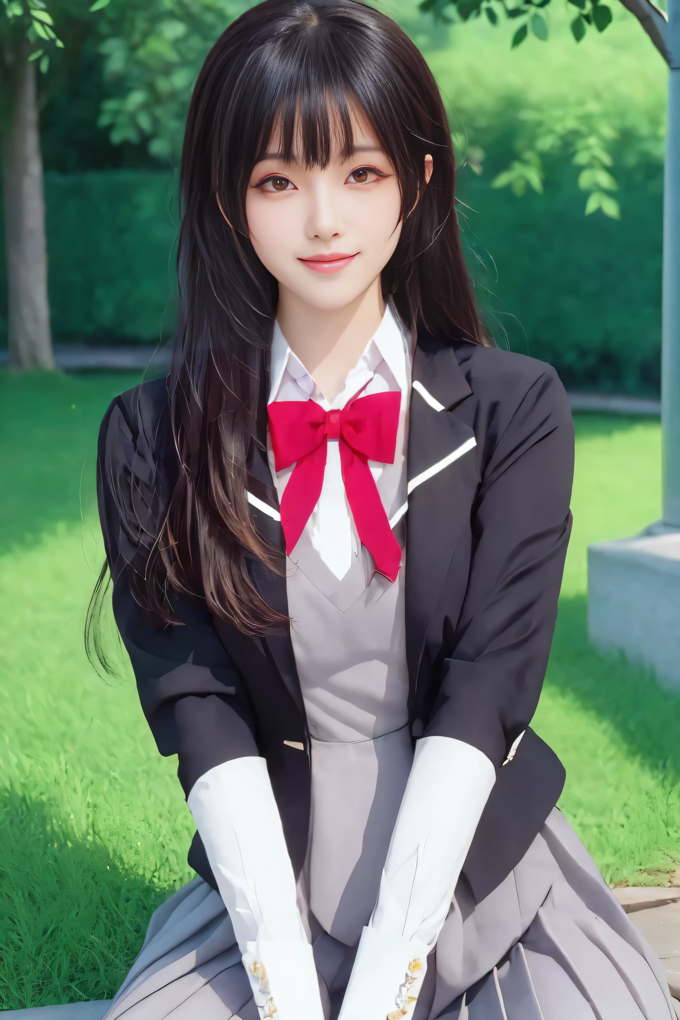  (best quality), (masterpiece), (Ultra-high resolution), (Clear face), （Reality： 1.4）, (perfect lighting),(photorealistic:1.30), anime wallpaper, Guviz style artwork , fantasy cover up to magic , by Yang J, Guviz, beautiful artwork illustration, beautiful digital artwork, beautiful digital illustration, Li Song, beautiful anime portrait, art style at Beauvot,illustration, ethereal and beautiful, highly detailed, CG, unity, 8k wallpaper, Amazing, fine detail, official art, highly detailed CG unity 8k wallpaper,absurd, extremely absurd, large file size, highly detailed , high resolution, very detailed,beautiful girl with details, very detailed eyes and face, beautiful detailed eyes,light on the face,cinematic lighting, 1girl, solo, looking at viewer, Yuki Sou(Roshidere), ( rambut hitam :1.3), rambut panjang, bangs,  mata hitam , Jalinan rambut , rok ,  kaos , lengan panjang, bow, ,  Jaket , white  kaos , pleated rok , collared  kaos , bowtie, black rok ,  busur merah ,  busur merah tie,  blazer , (grey  blazer :1.3), lengan panjang, tampilan tubuh bagian atas, senyum ,kepang , (sitting:1.3), (upper body:1.3), smile, outdoor, garden backround