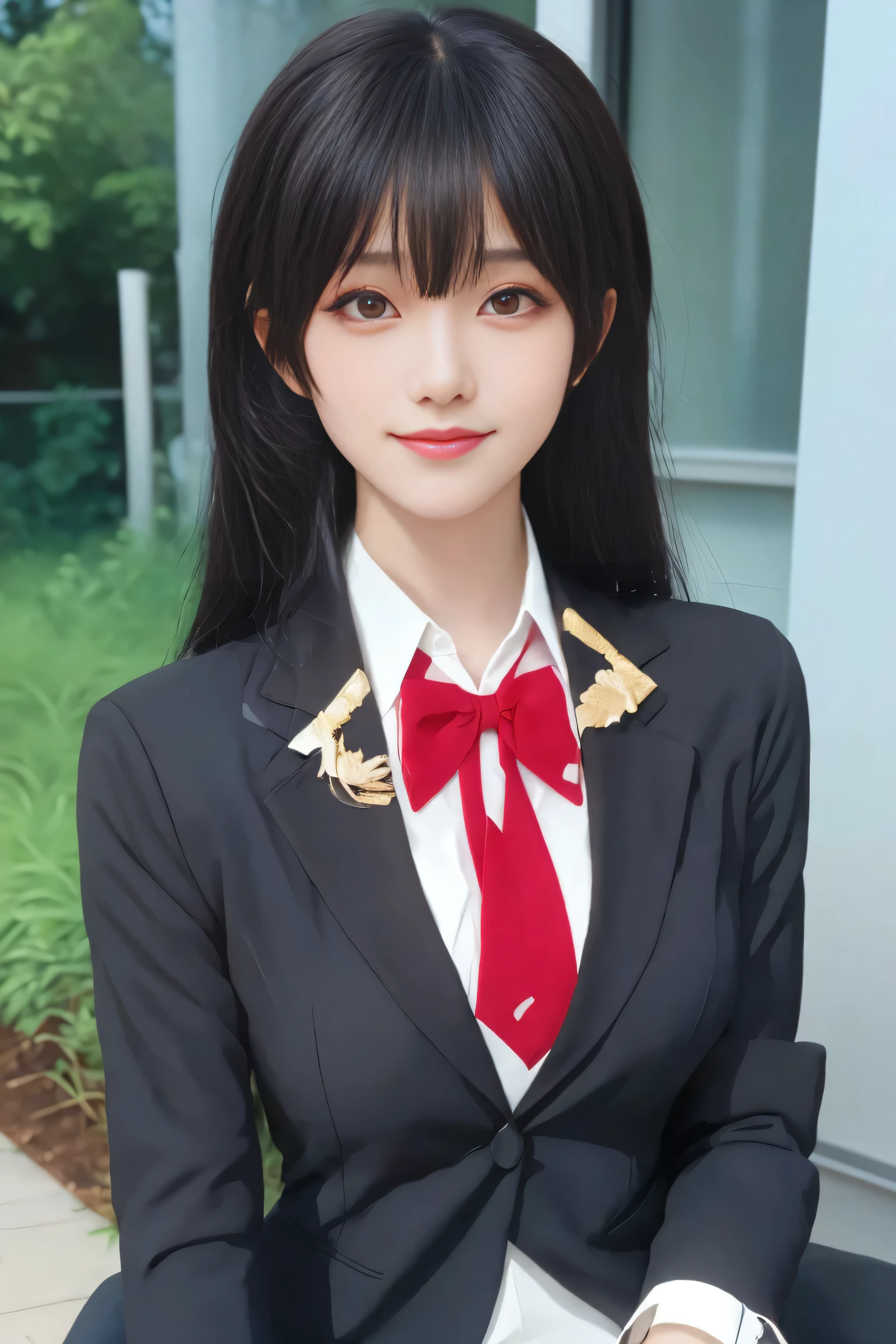 (best quality), (masterpiece), (Ultra-high resolution), (Clear face), (Reality: 1.4), (perfect lighting),(photorealistic:1.30), anime wallpaper, Guviz style artwork , fantasy cover up to magic , by Yang J, Guviz, beautiful artwork illustration, beautiful digital artwork, beautiful digital illustration, Li Song, beautiful anime portrait, art style at Beauvot,illustration, ethereal and beautiful, highly detailed, CG, unity, 8k wallpaper, Amazing, fine detail, official art, highly detailed CG unity 8k wallpaper,absurd, extremely absurd, large file size, highly detailed , high resolution, very detailed,beautiful girl with details, very detailed eyes and face, beautiful detailed eyes,light on the face,cinematic lighting, 1girl, solo, looking at viewer, Yuki Sou(Roshidere), ( rambut hitam :1.3), rambut panjang, bangs, mata hitam , Jalinan rambut , rok , kaos , lengan panjang, bow, , Jaket , white kaos , pleated rok , collared kaos , bowtie, black rok , busur merah , busur merah tie, blazer , (grey blazer :1.3), lengan panjang, tampilan tubuh bagian atas, senyum ,kepang , (sitting:1.3), (upper body:1.3), smile, outdoor, garden backround