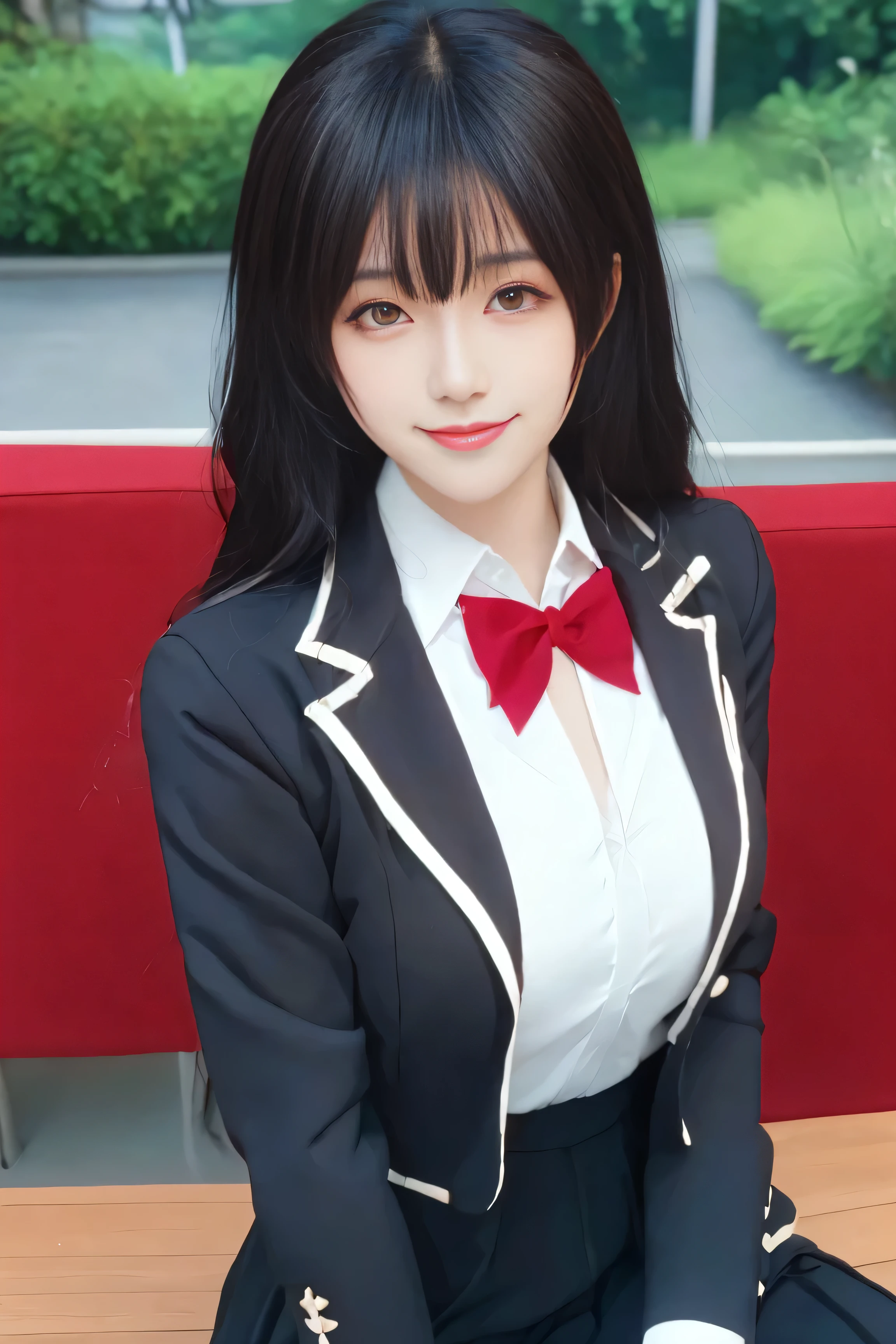(best quality), (masterpiece), (Ultra-high resolution), (Clear face), (Reality: 1.4), (perfect lighting),(photorealistic:1.30), anime wallpaper, Guviz style artwork , fantasy cover up to magic , by Yang J, Guviz, beautiful artwork illustration, beautiful digital artwork, beautiful digital illustration, Li Song, beautiful anime portrait, art style at Beauvot,illustration, ethereal and beautiful, highly detailed, CG, unity, 8k wallpaper, Amazing, fine detail, official art, highly detailed CG unity 8k wallpaper,absurd, extremely absurd, large file size, highly detailed , high resolution, very detailed,beautiful girl with details, very detailed eyes and face, beautiful detailed eyes,light on the face,cinematic lighting, 1girl, solo, looking at viewer, Yuki Sou(Roshidere), ( rambut hitam :1.3), rambut panjang, bangs, mata hitam , Jalinan rambut , rok , kaos , lengan panjang, bow, , Jaket , white kaos , pleated rok , collared kaos , bowtie, black rok , busur merah , busur merah tie, blazer , (grey blazer :1.3), lengan panjang, tampilan tubuh bagian atas, senyum ,kepang , (sitting:1.3), (upper body:1.3), smile, outdoor, garden backround