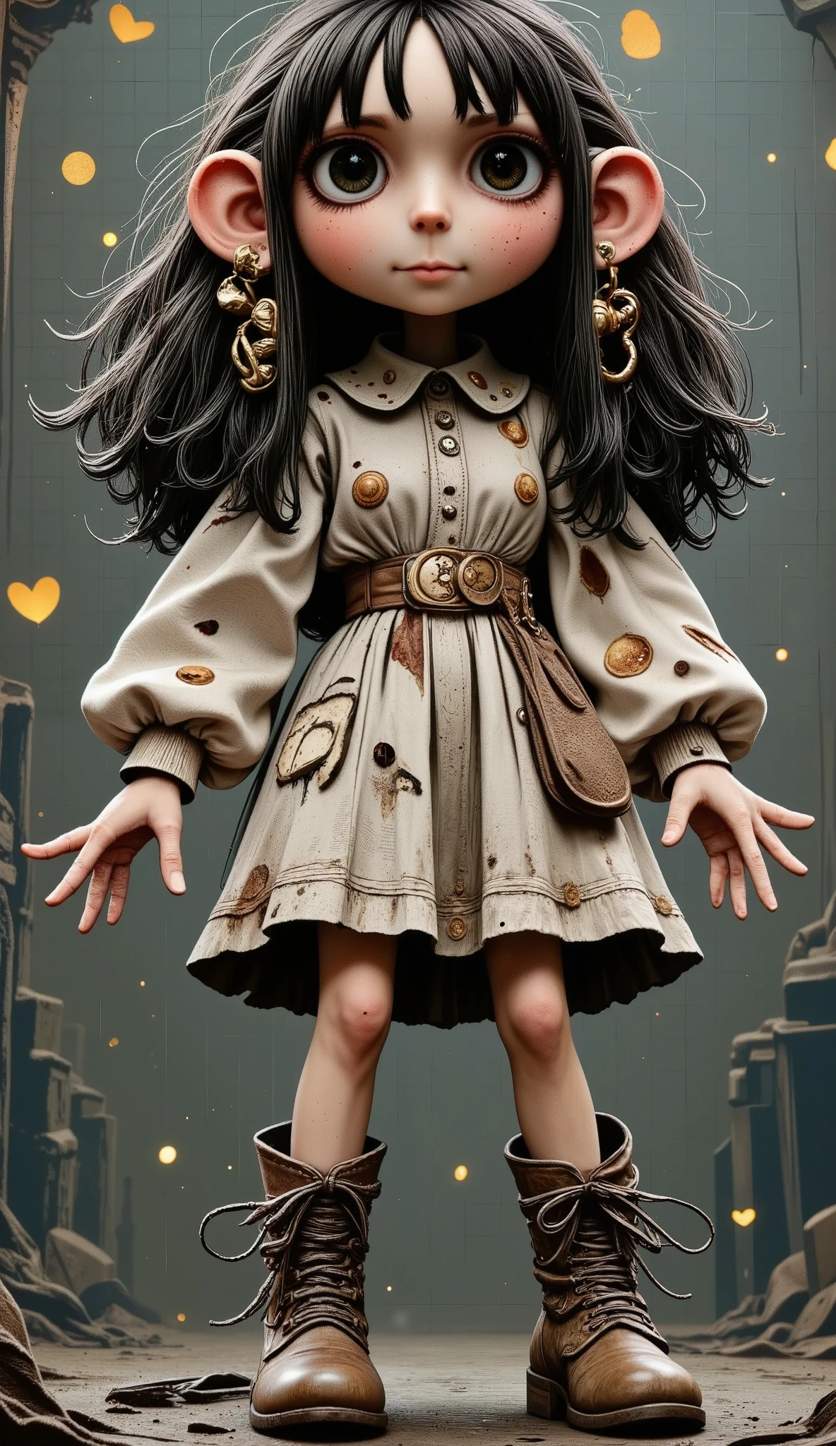 On stage, They possess human emotions and intelligence , Terrifying mechanical wrist , big eyes, dark eye makeup , Spooky smile , mechanical joint ,fluffy hair, Full body , Damaged leather boots , The arms are connected by many cables., under someone ' Control systems ,air, Metal leather decoration ,dirty,Clothes torn to shreds, rag clothing ,glow