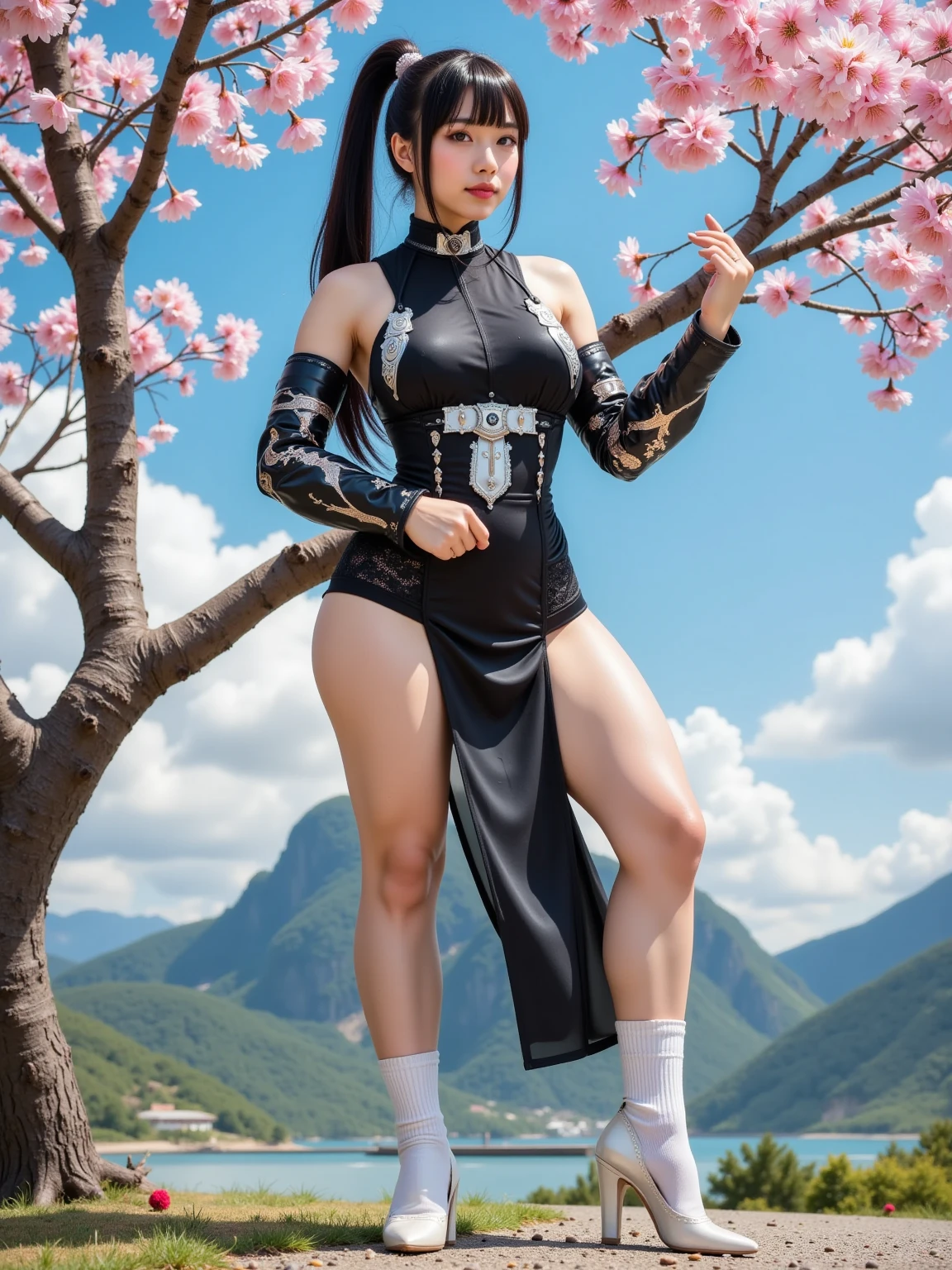 sakuraTheLast, woman, masterpiece, best quality, incredibly absurdres, solo , mature female, sleeveless, green eyes, knee pads, black gloves, black shorts, bangs, bandaged leg, black obi, forehead mark, forehead protector, konohagakure symbol, qipao dress, pale skin, looking at viewer, full body, lipstick, badass, evil smile , standing, waiting, ((shadow)),outdoors, background forest, dark theme